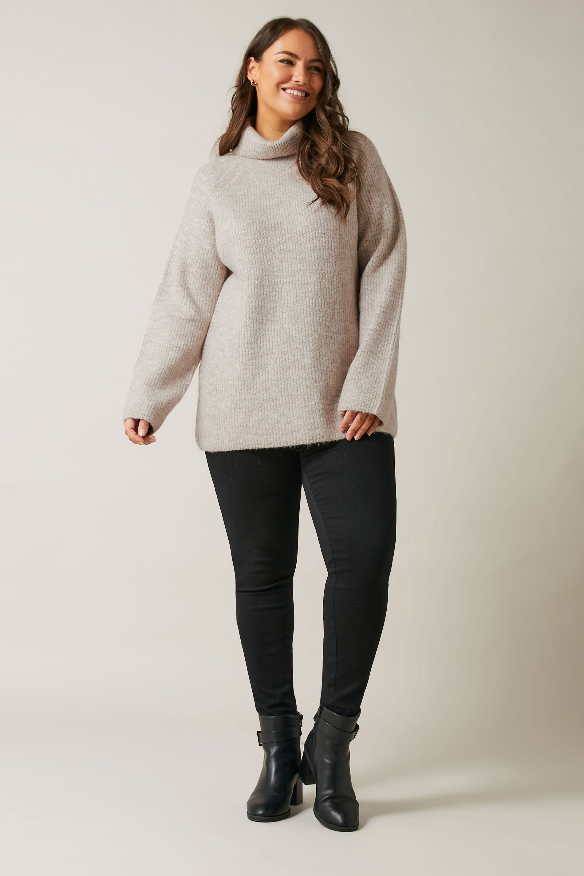 EVANS Plus Size Natural Brown Roll Neck Knitted Jumper | Evans 1