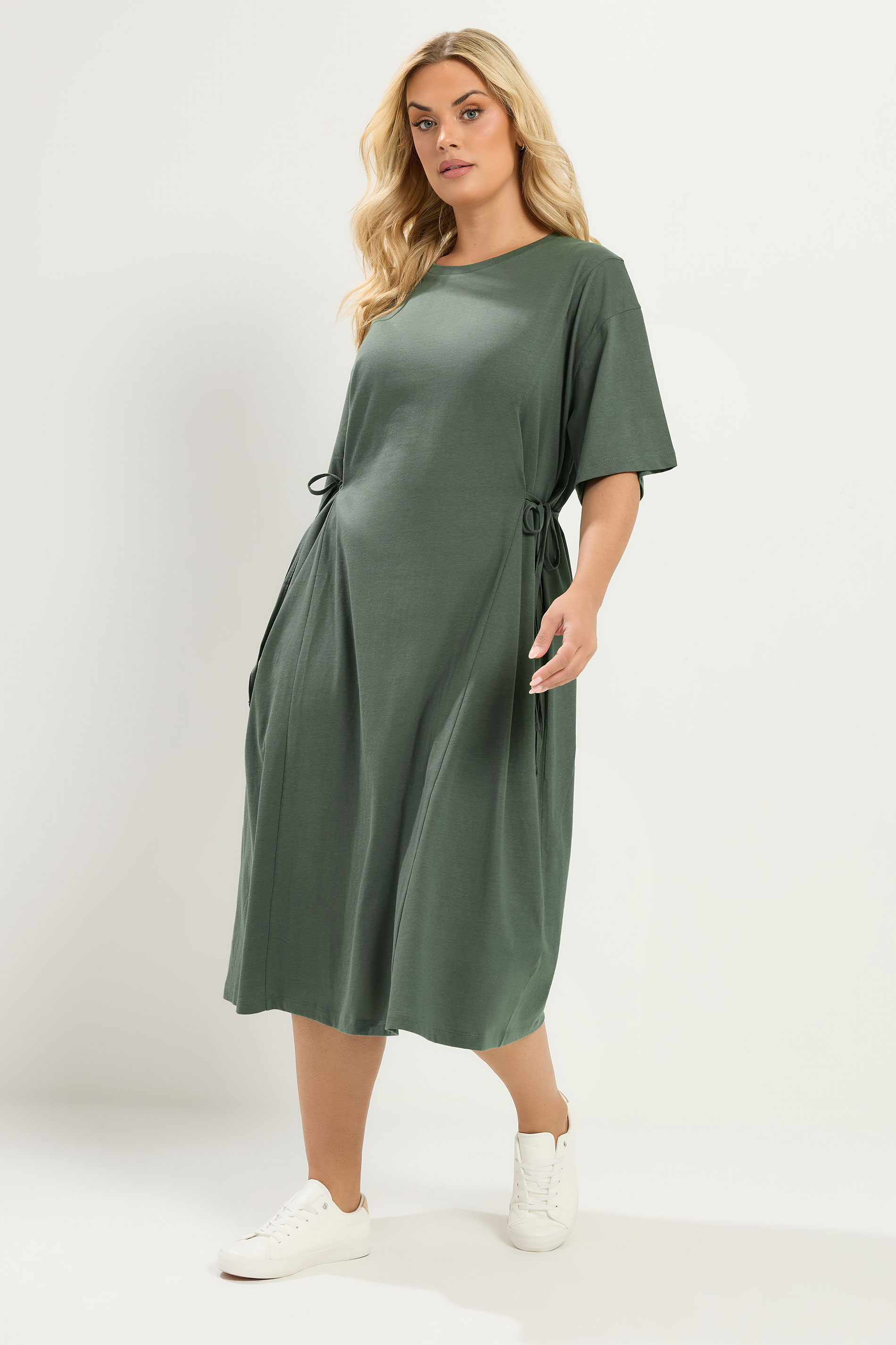 YOURS Plus Size Khaki Green Front Tie Midi Dress | Yours Clothing 1