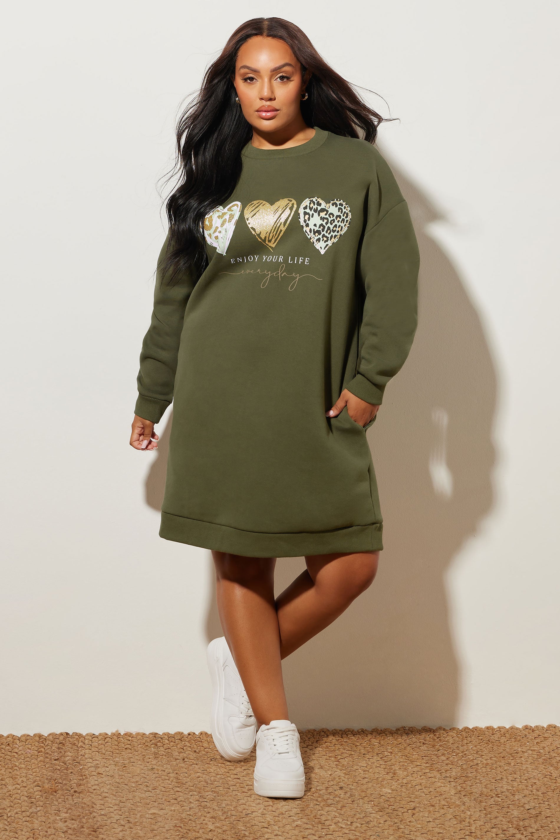 YOURS Plus Size Khaki Green 'Enjoy Your Life' Sweatshirt Dress | Yours Clothing 3