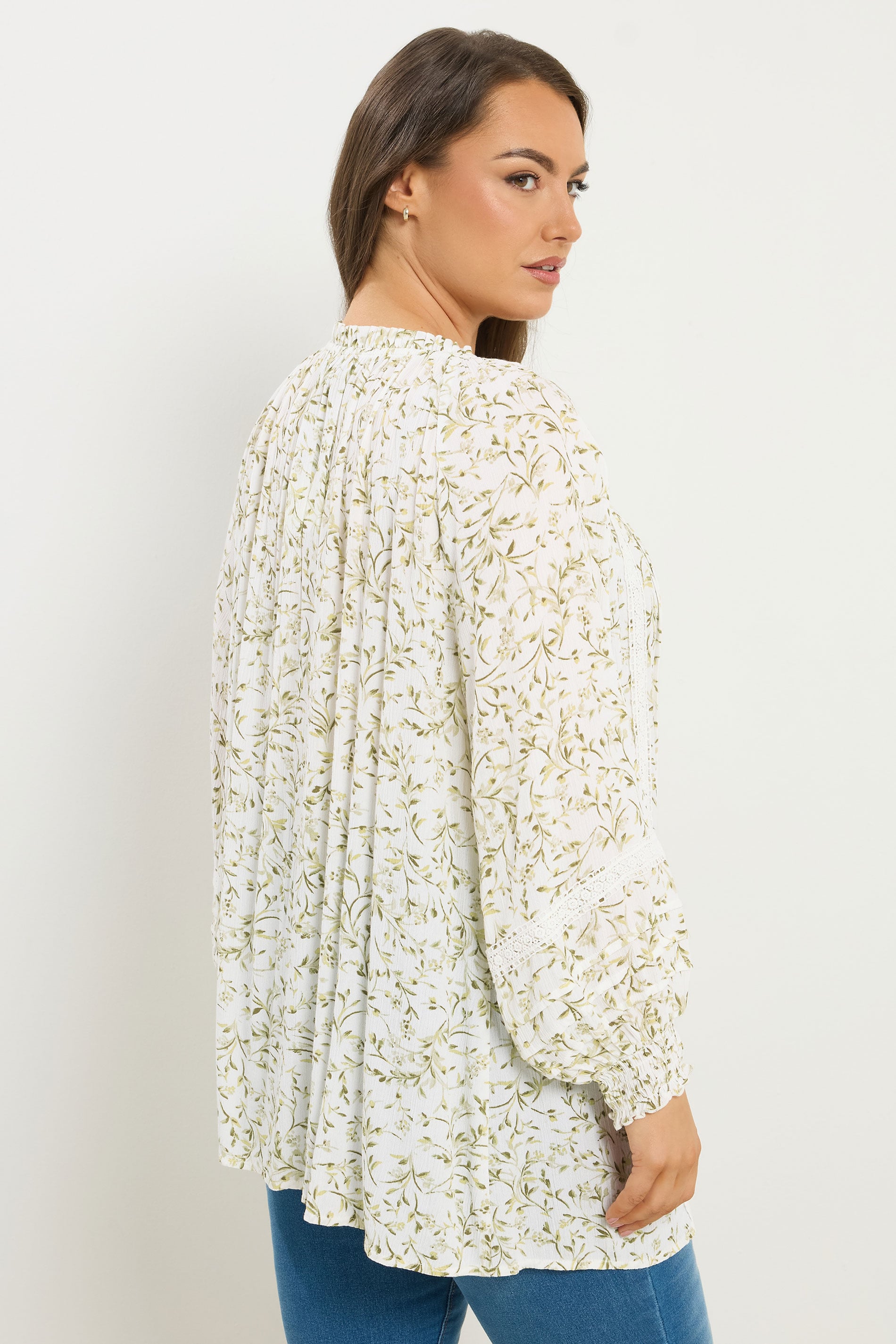 YOURS Plus Size Ivory White Leaf Print Tie Neck Top | Yours Clothing 2