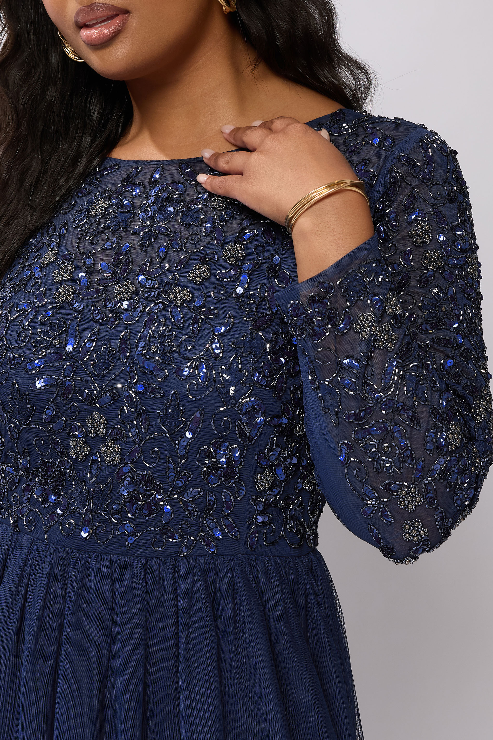 LUXE Plus Size Navy Blue Sequin Floral Hand Embellished Maxi Dress | Yours Clothing 1