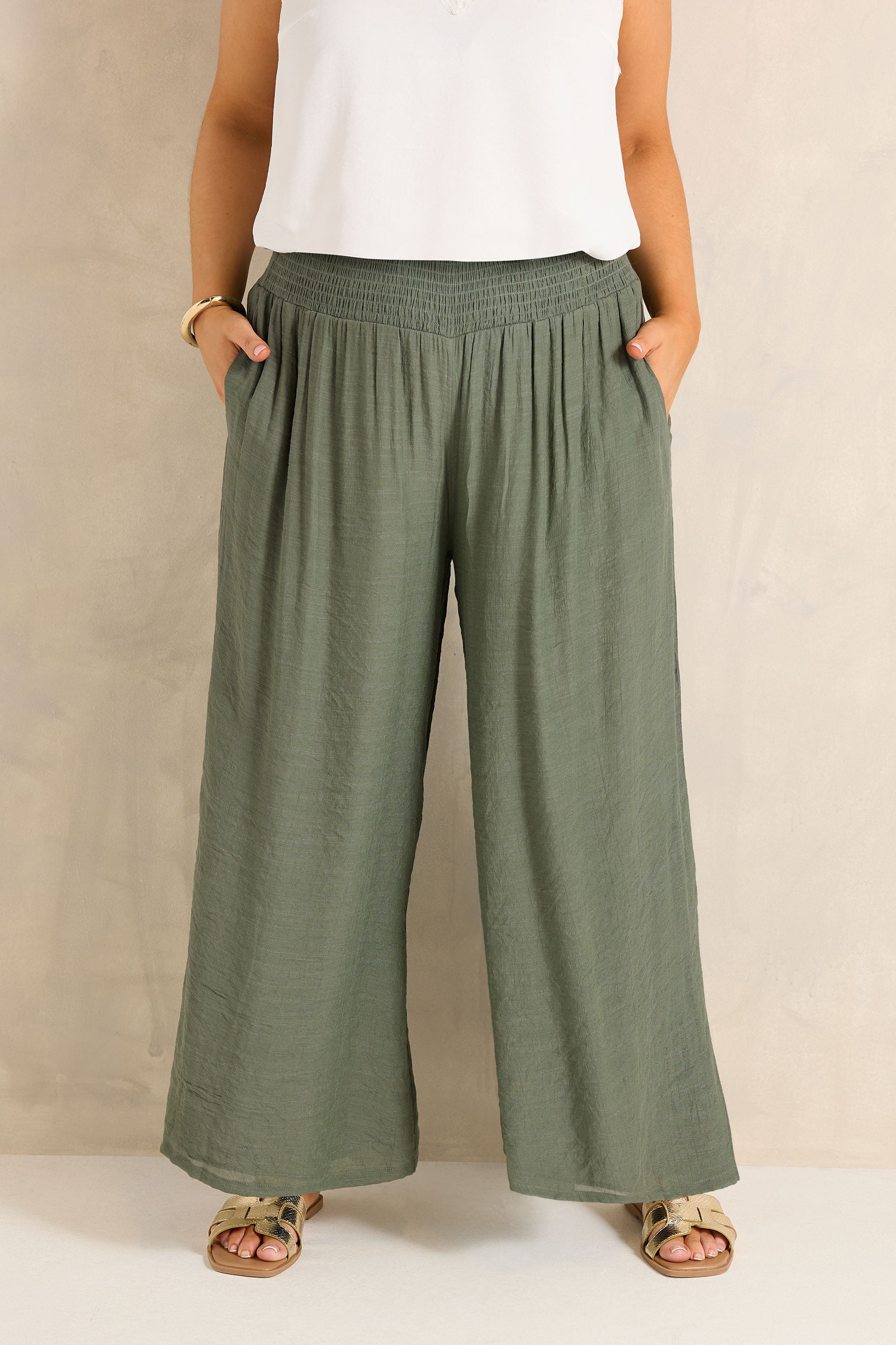 EVANS Plus Size Khaki Green Wide Leg Trouser | Evans 2