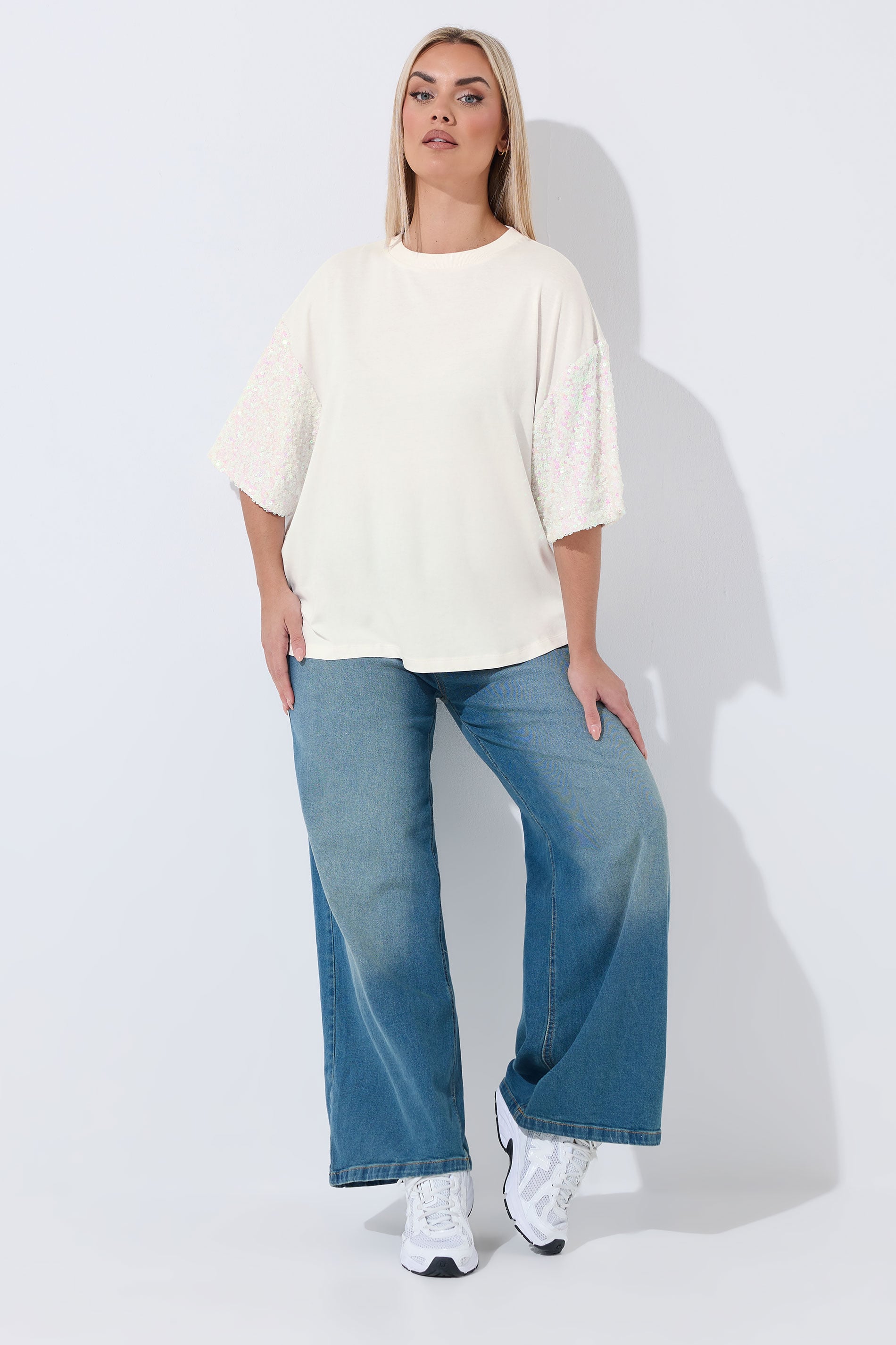 LIMITED COLLECTION Plus Size White Sequin Sleeve T-Shirt | Yours Clothing 1