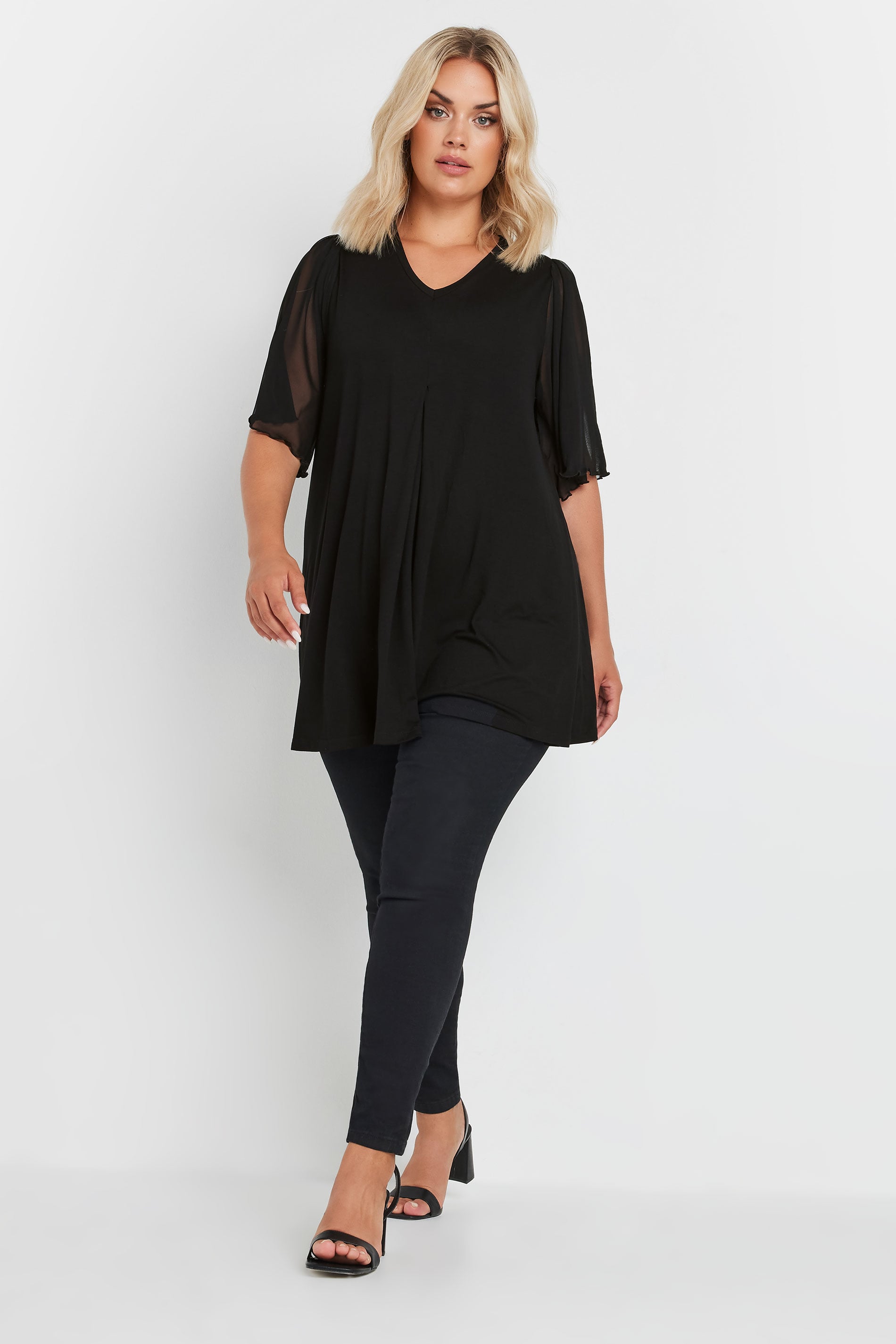 YOURS Plus Size Black Pleat Front Angel Sleeve Top | Yours Clothing 2