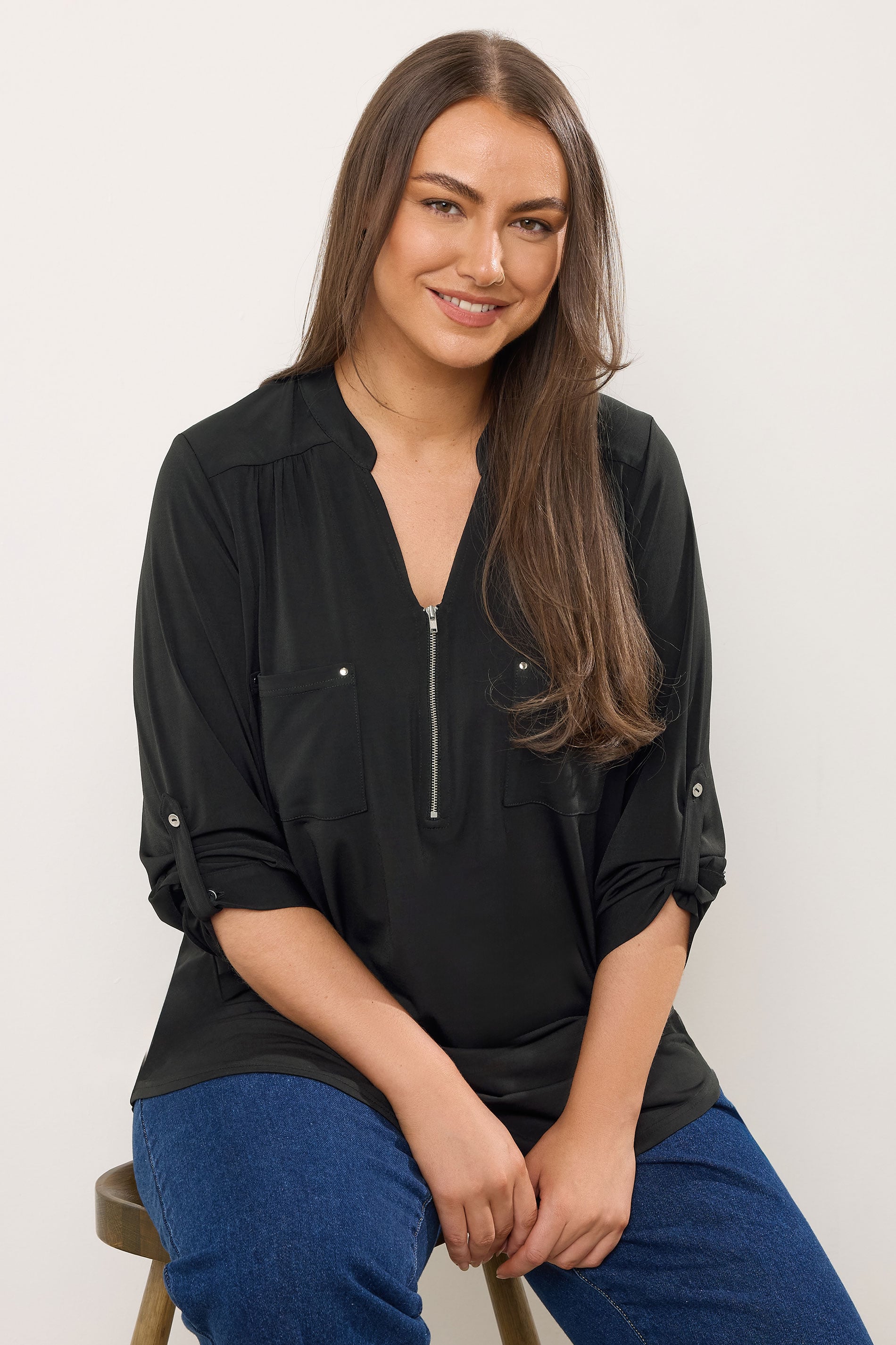 EVANS Plus Size Black Zip Front Jersey Blouse | Evans  3