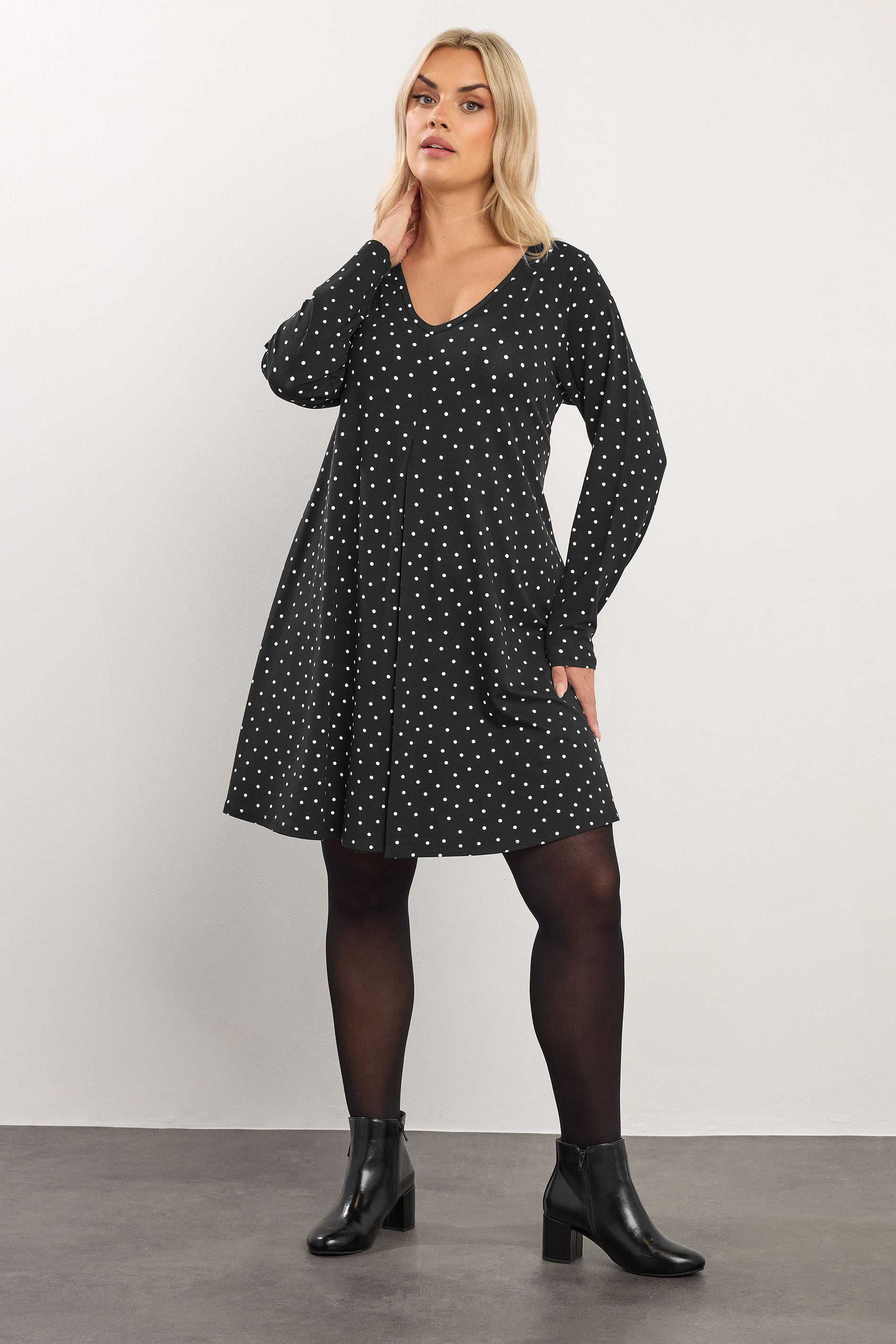 YOURS Plus Size Black Polka Dot Pleat Front Dress | Yours Clothing 1