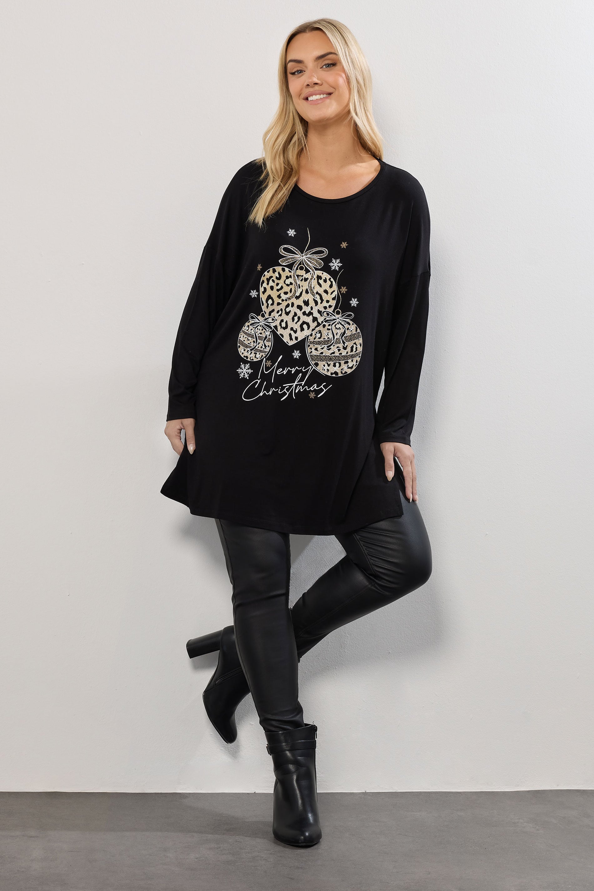 YOURS Plus Size Black Glitter Leopard Christmas Bauble Novelty Top | Yours Clothing 1