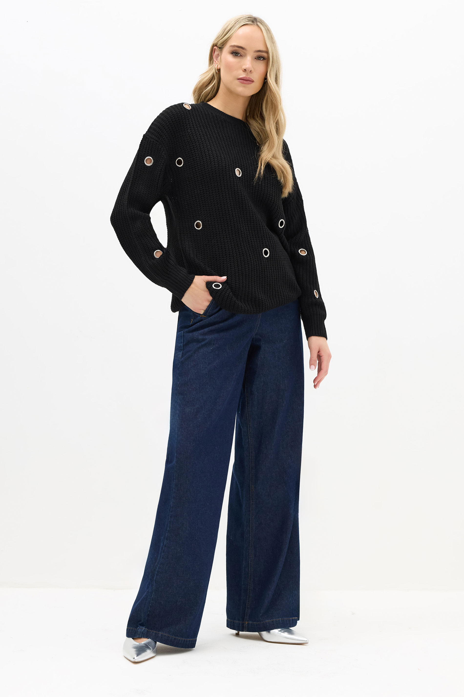 LTS Tall Black Knitted Eyelet Jumper | Long Tall Sally 1