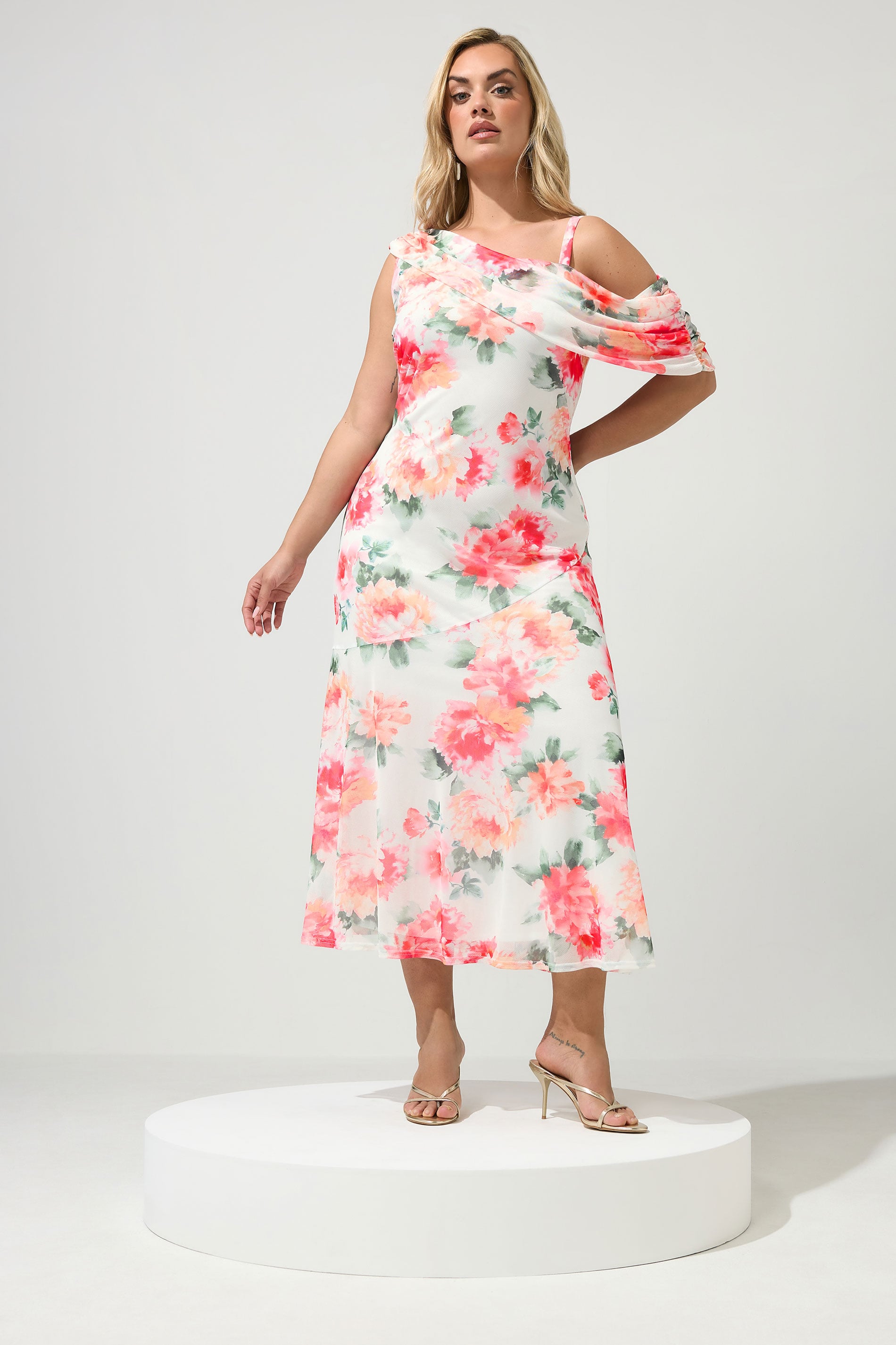YOURS LONDON Plus Size White Floral Drape Shoulder Dress | Yours Clothing 3
