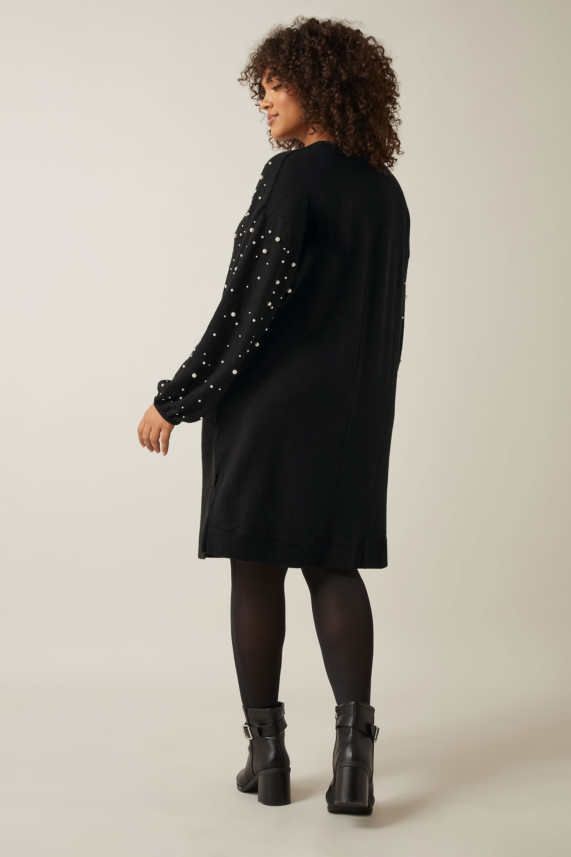 EVANS Plus Size Black Pearl Embellished Soft Touch Jumper Dress | Evans 4