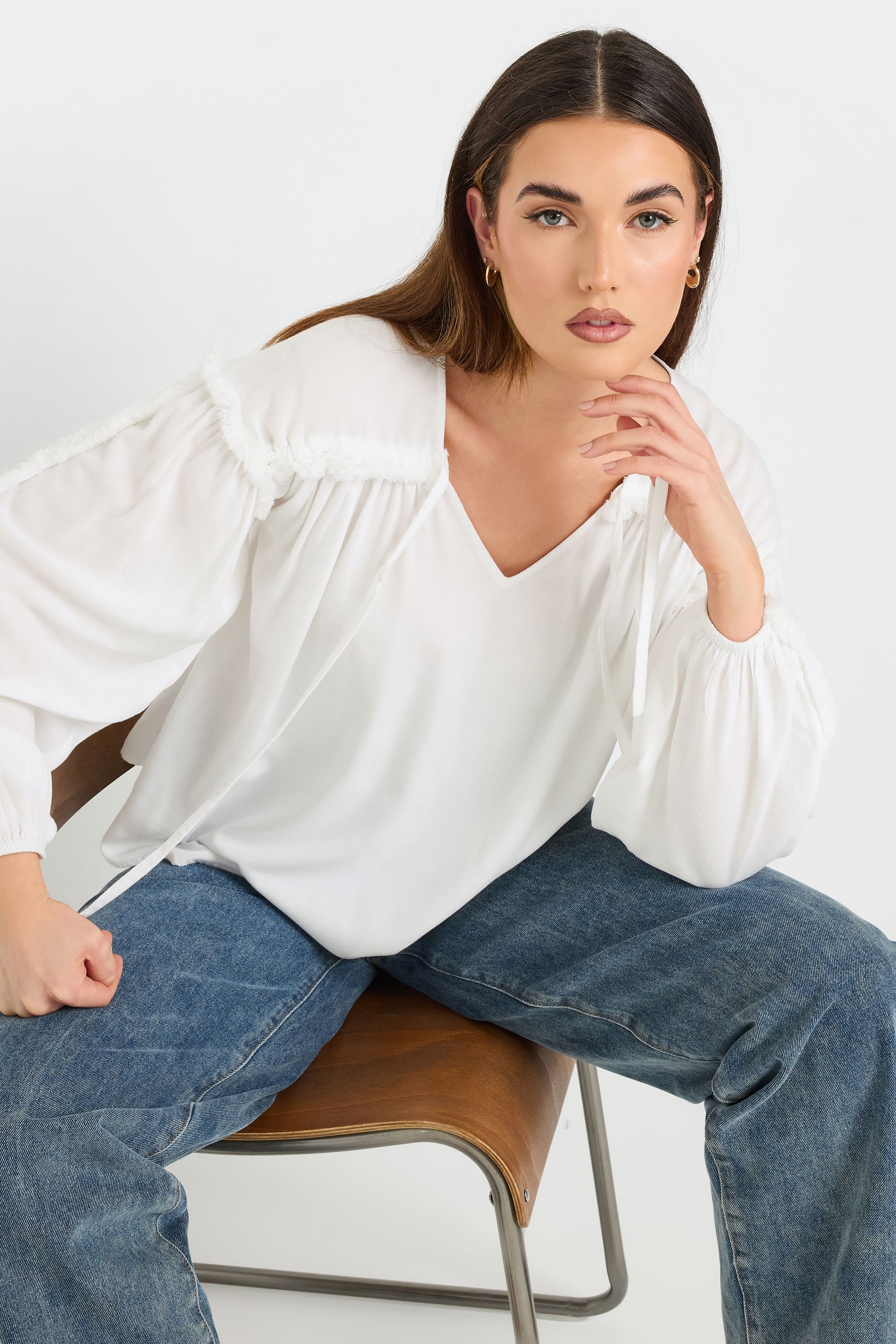 LTS Tall Ivory White Fringed Seam Tie Neck Blouse | Long Tall Sally 3