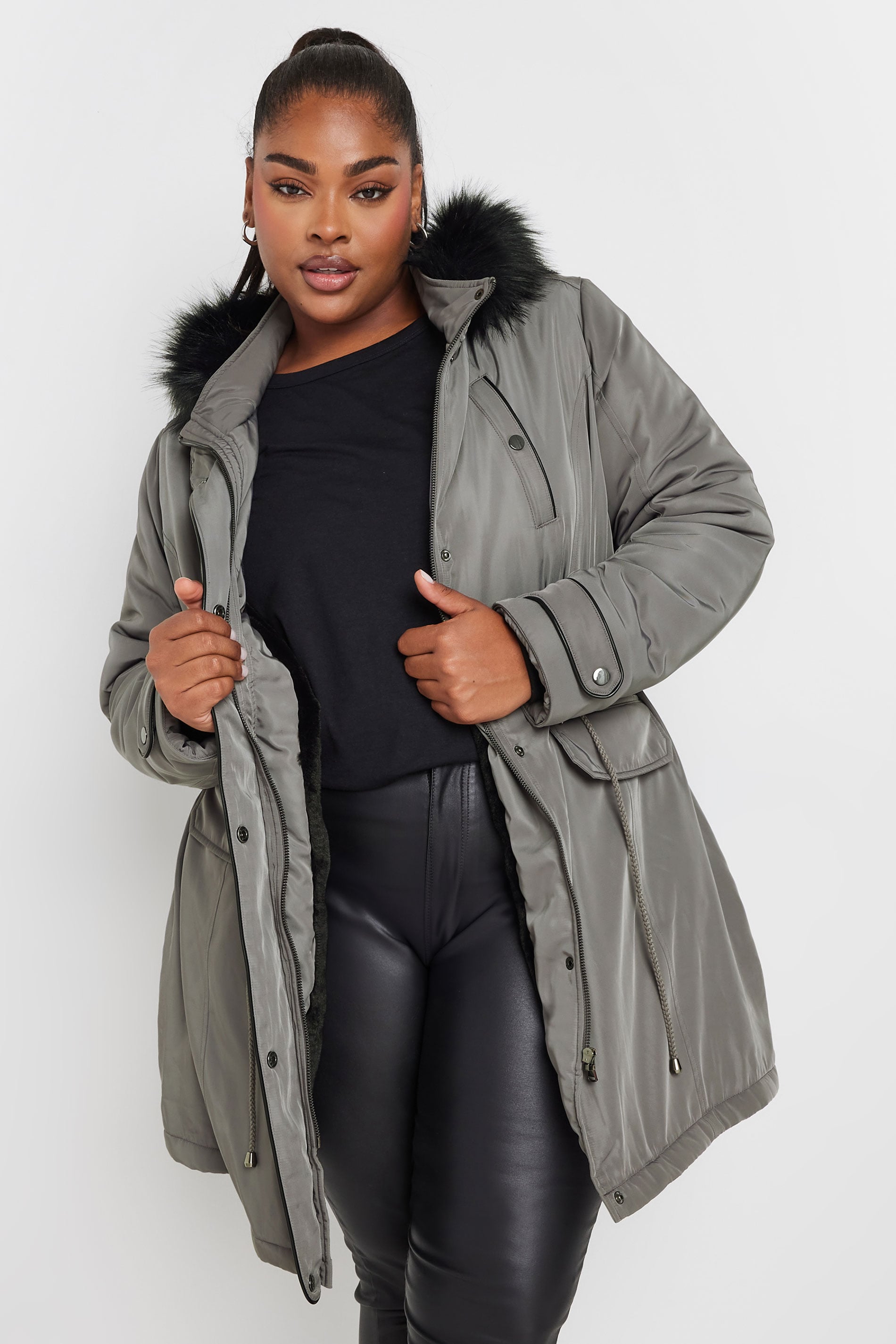 YOURS Plus Size Charcoal Grey Faux Fur Trim Plush Parka Jacket | Yours Clothing 3