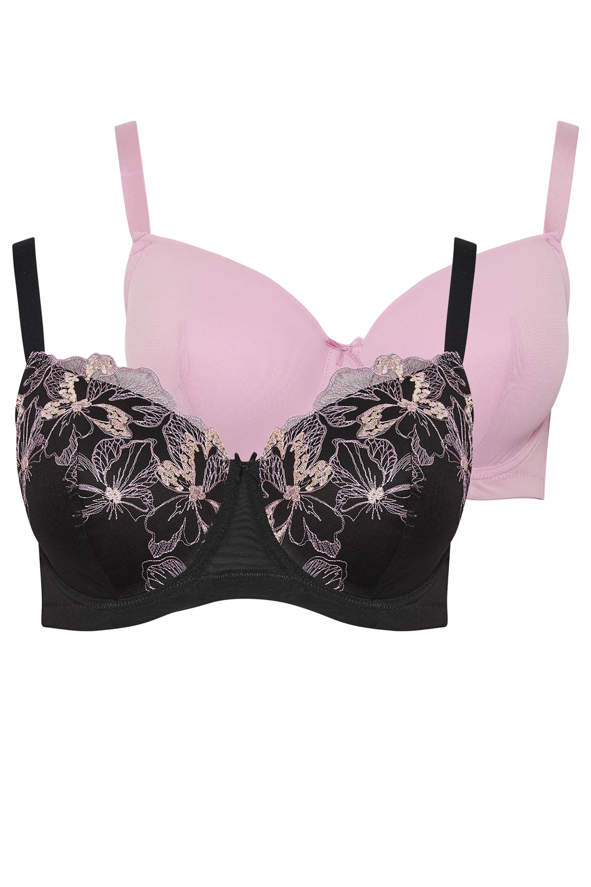 YOURS 2 PACK Plus Size Black & Pink Embroidered Padded Bras | Yours Clothing 8