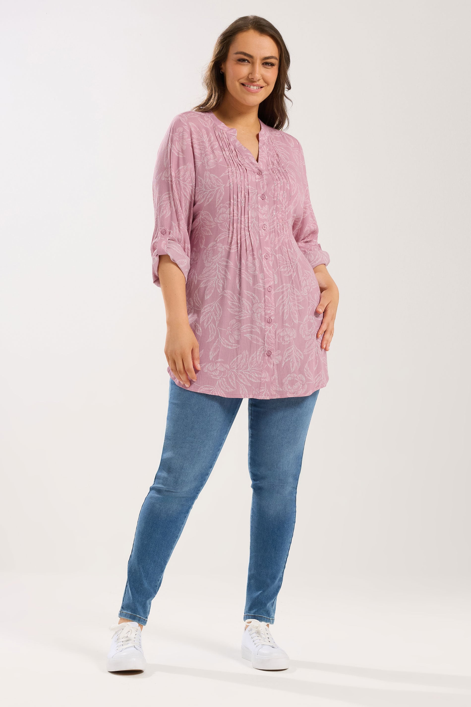 YOURS Plus Size Pink Leaf Print Pintuck Blouse | Yours Clothing 1