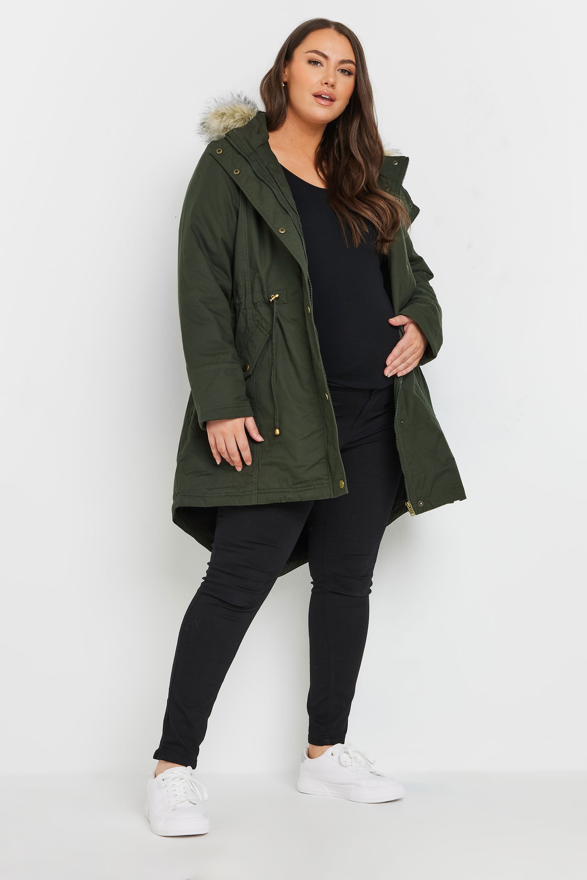 BUMP IT UP MATERNITY Khaki Green Fur Trim Parka | Yours Clothing 4