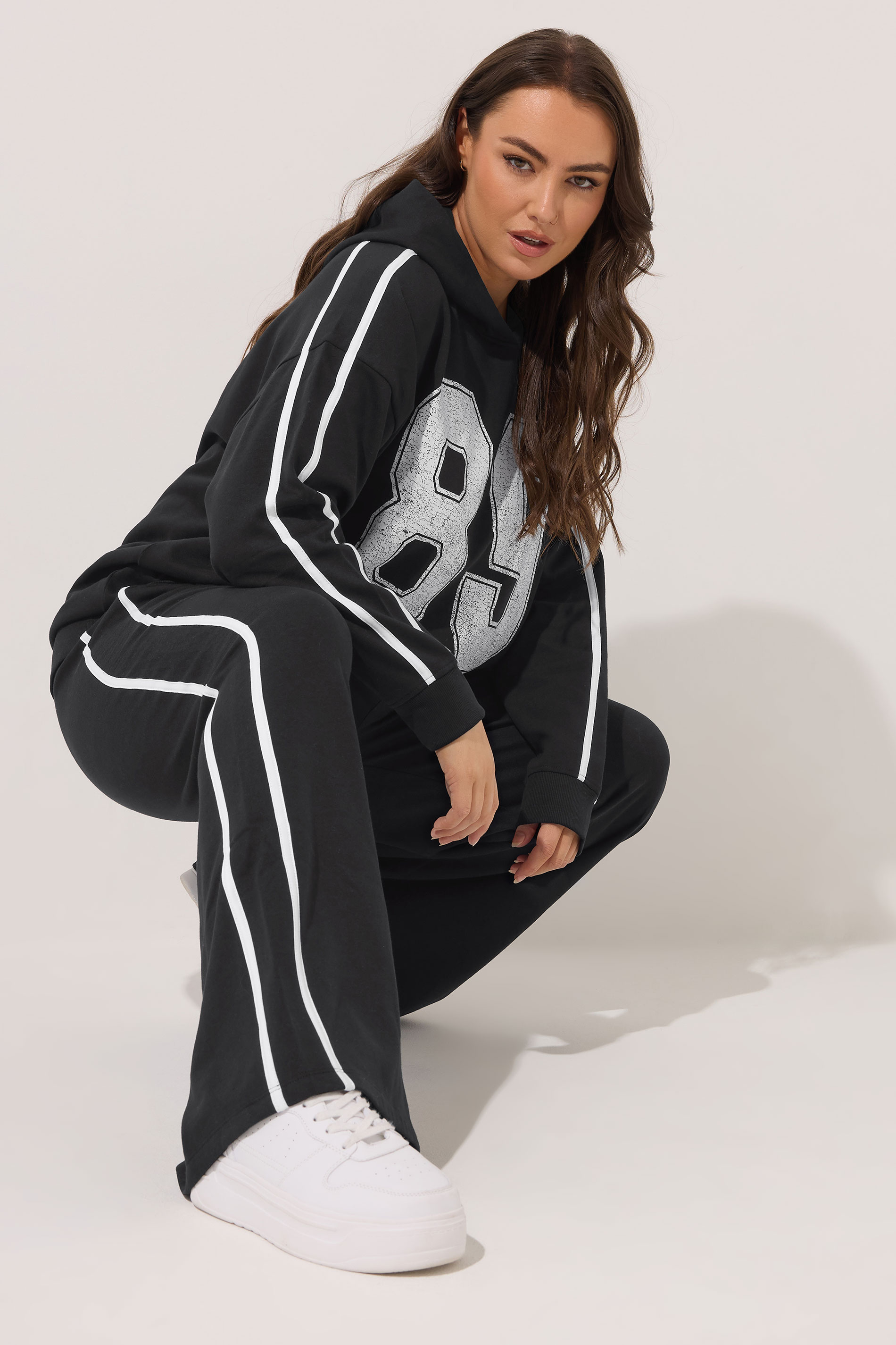 YOURS Plus Size Black Wide Leg Side Stripe Joggers | Yours Clothing 3