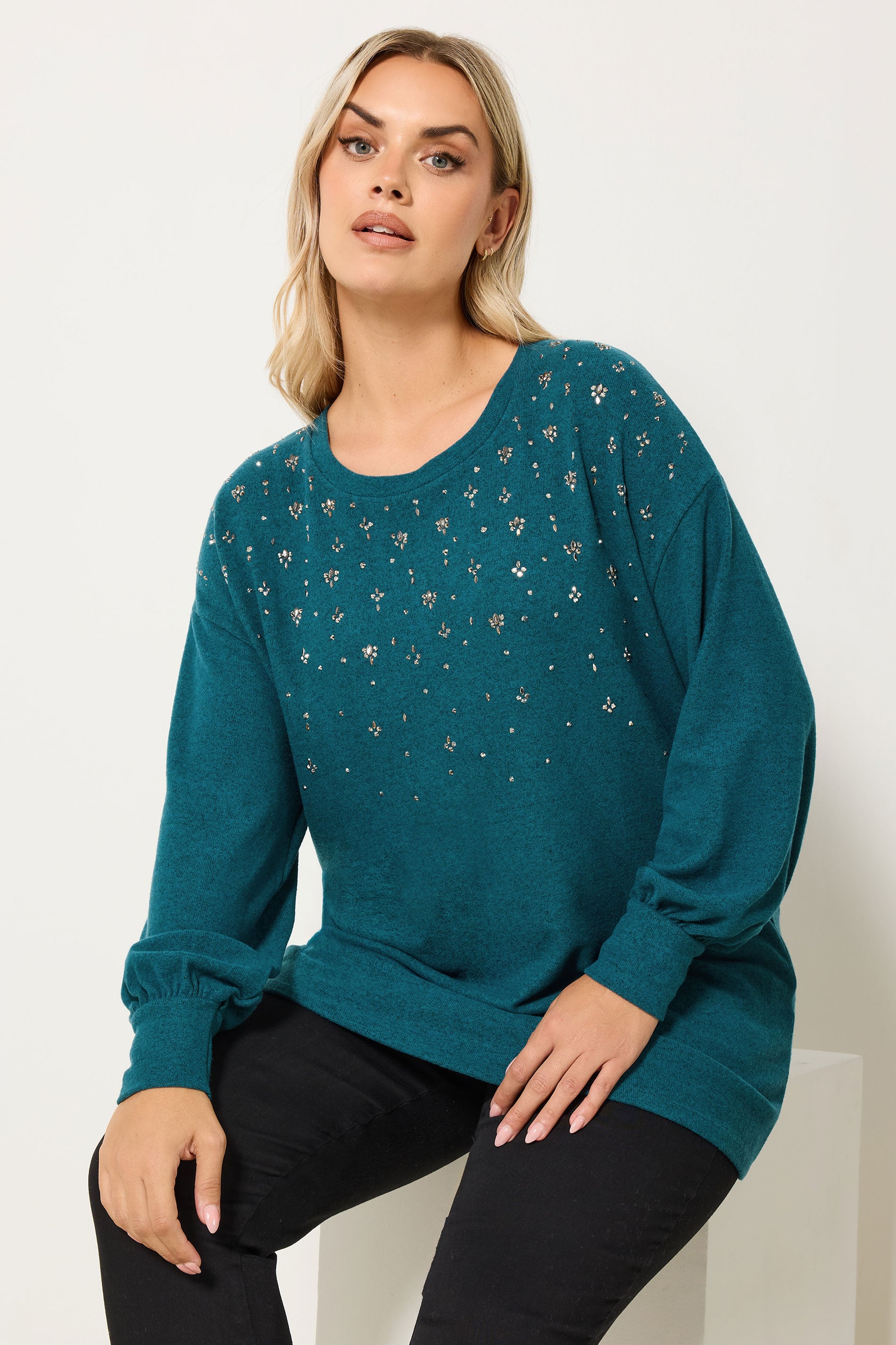YOURS Plus Size Teal Blue Diamante Embellished Jumper | Yours Clothing 3