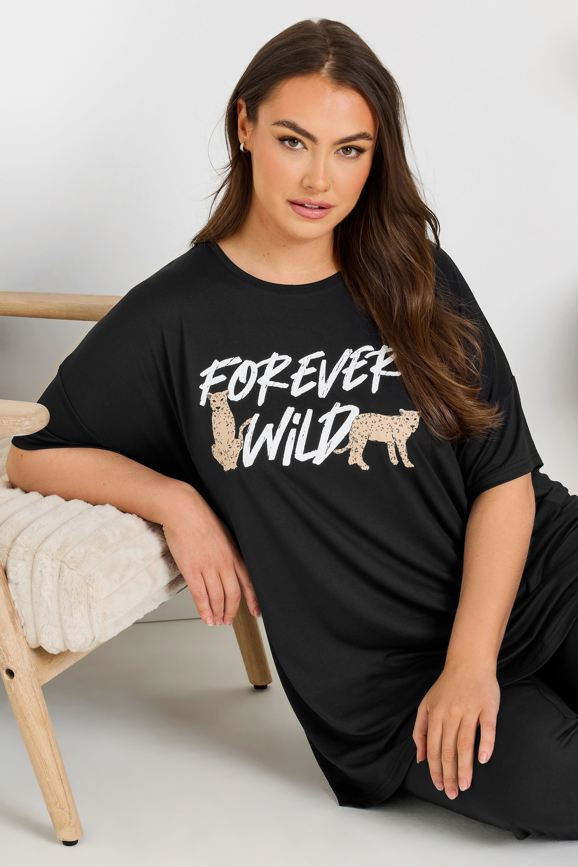 YOURS Plus Size Black 'Forever Wild' Soft Touch Pyjama Top | Yours Clothing 3
