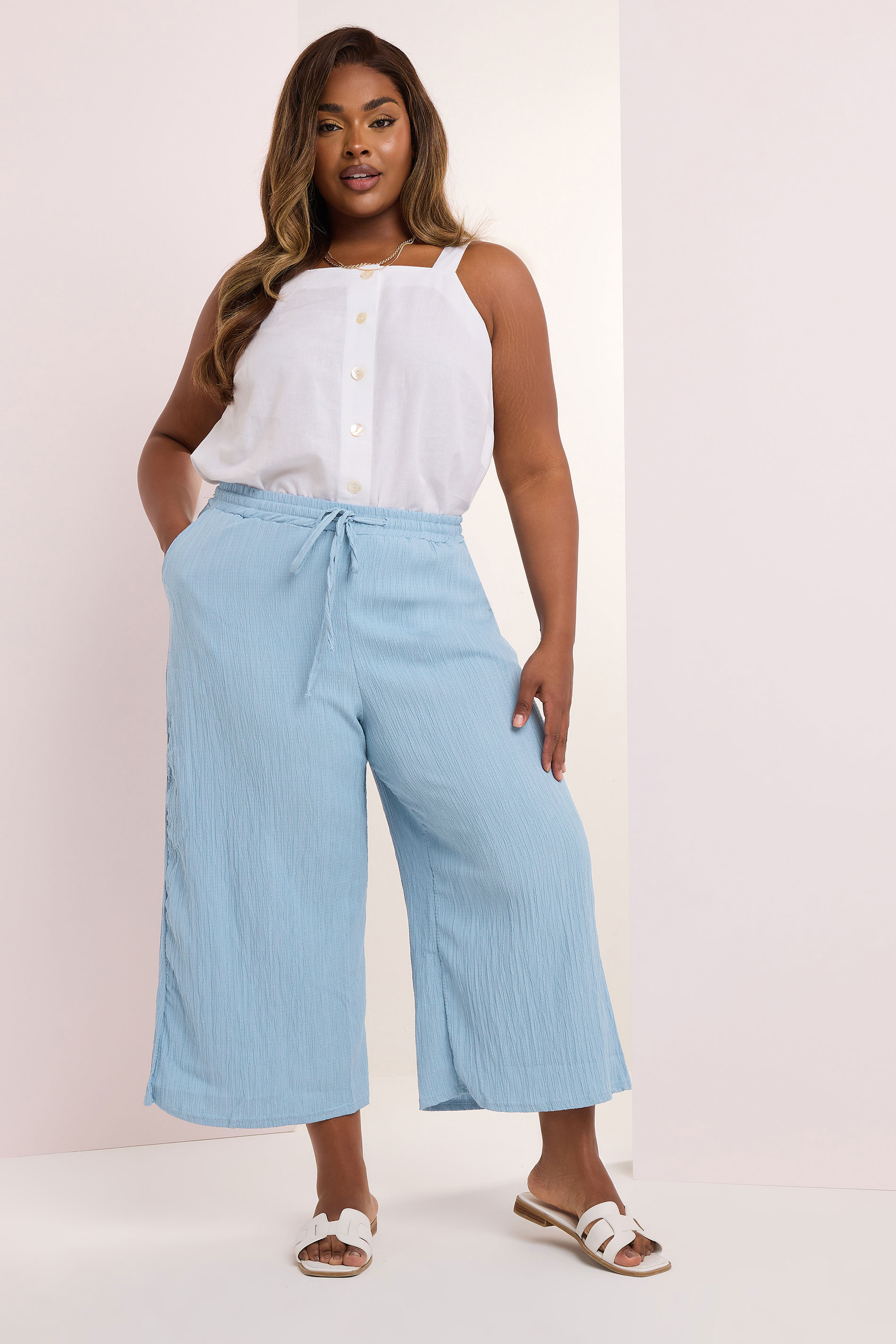YOURS Plus Size Light Blue Crinkle Midaxi Culottes | Yours Clothing 1