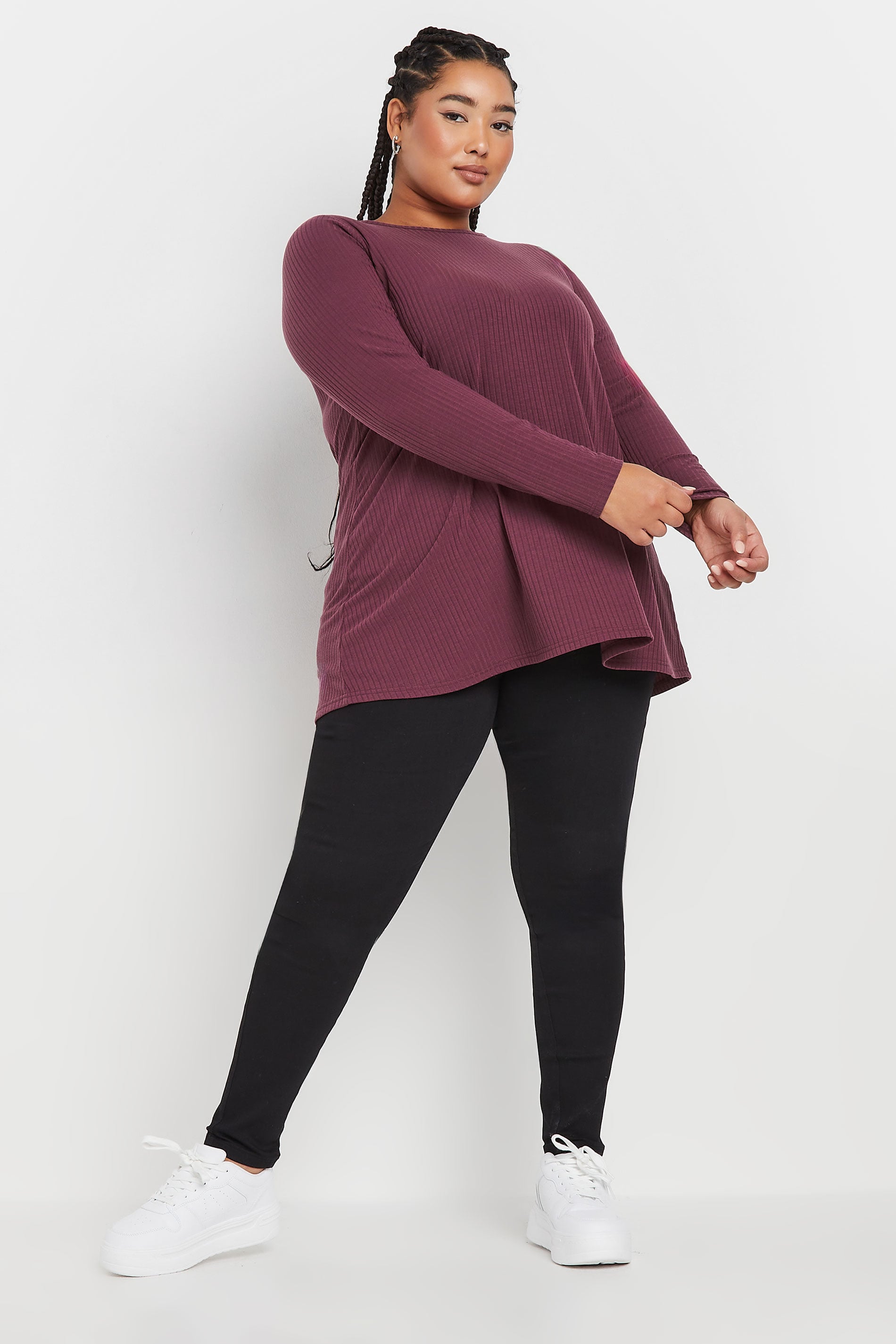 YOURS Plus Size Purple Long Sleeve Ribbed Swing Top | Yours Clothing 1