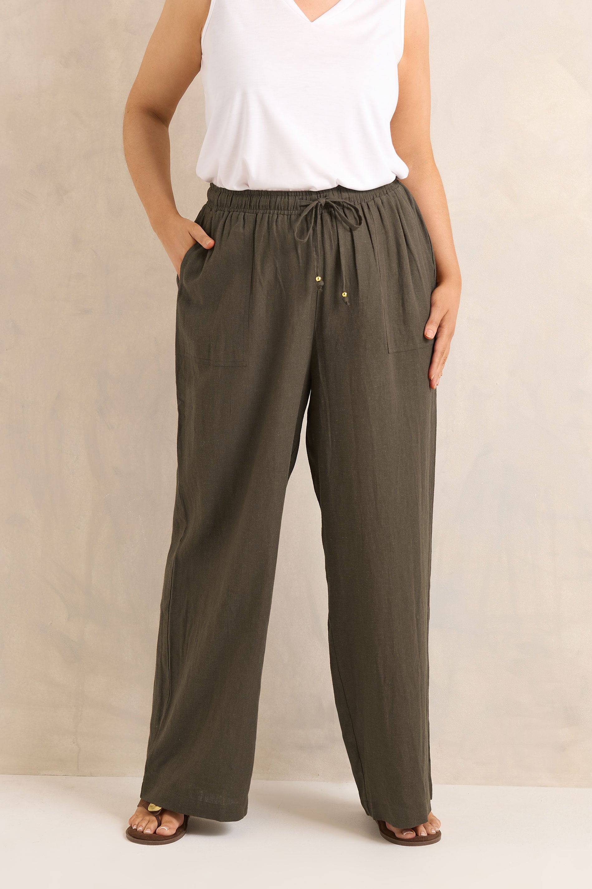 Evans Women's Brown Plus Chocolate Linen Wide Leg Trouser Regular > 30-32 Regular Size 30-32
