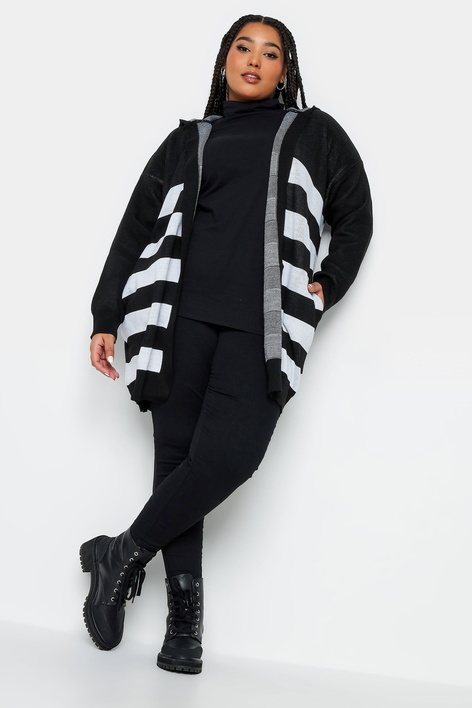 YOURS Plus Size Black Stripe Hooded Cardigan | Yours Clothing 1