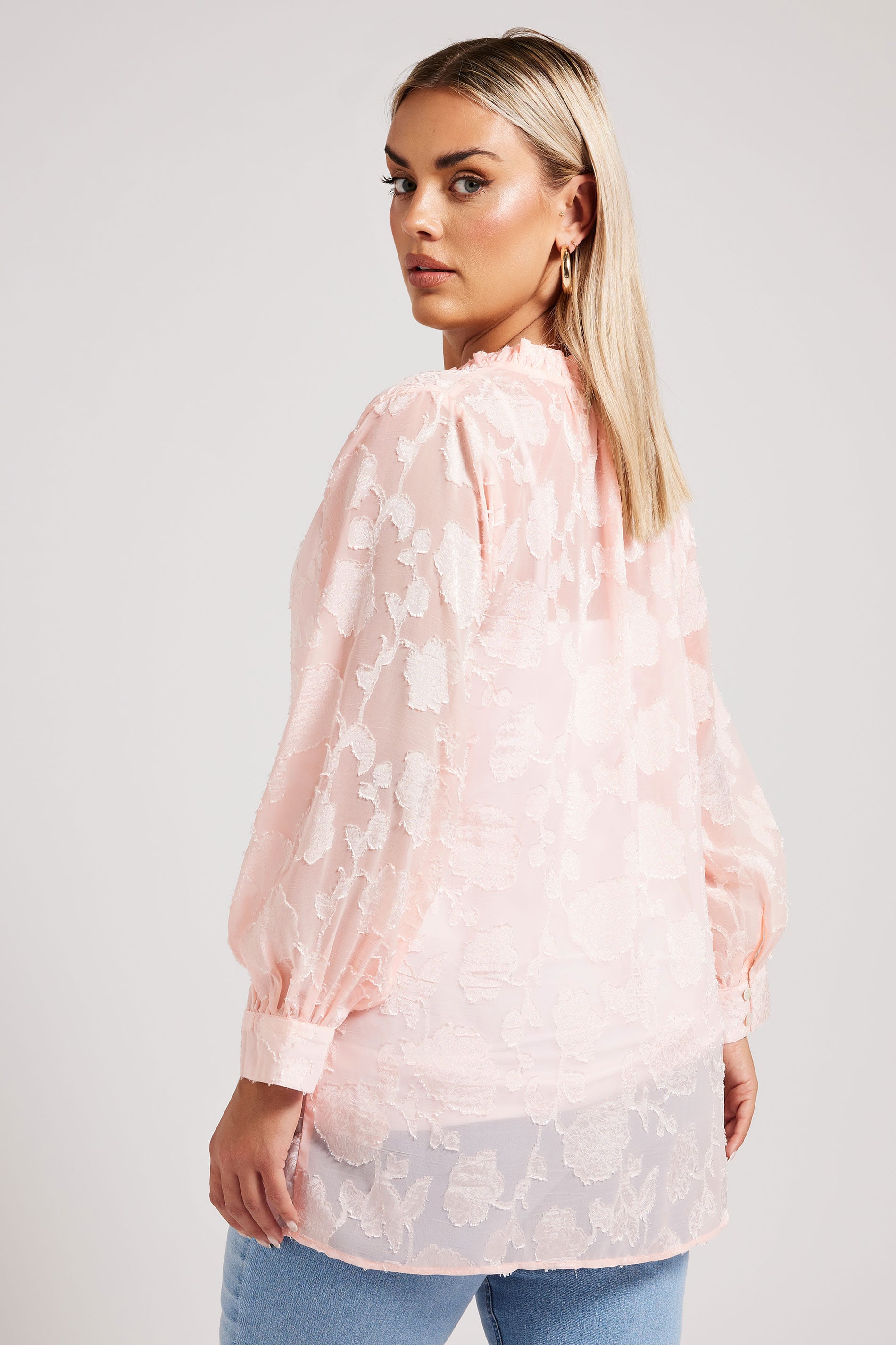 YOURS LONDON Plus Size Pink Floral Jacquard Burnout Blouse | Yours Clothing 2
