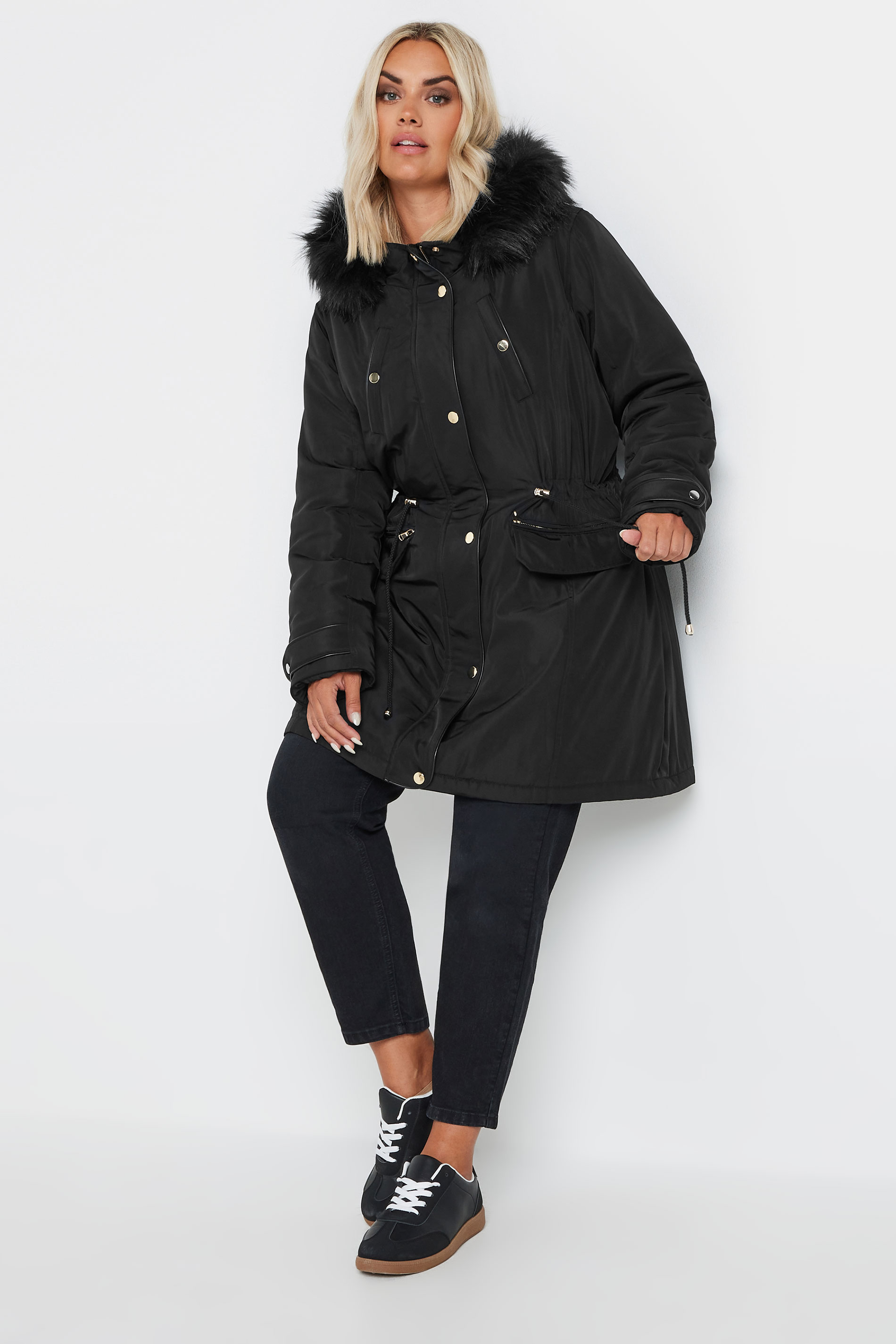 YOURS Plus Size Black Faux Fur Trim Plush Parka Jacket | Yours Clothing 4