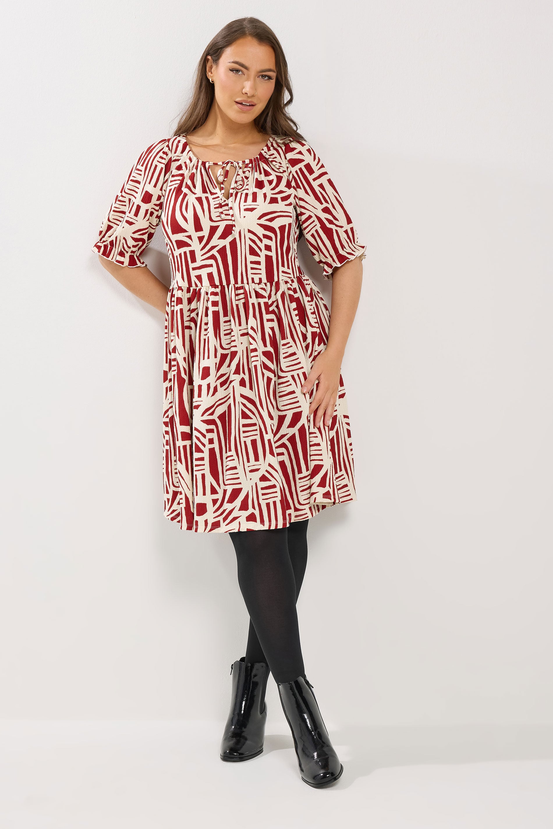 YOURS Plus Size Red Abstract Tie Neck Dress | Yours Clothing 1