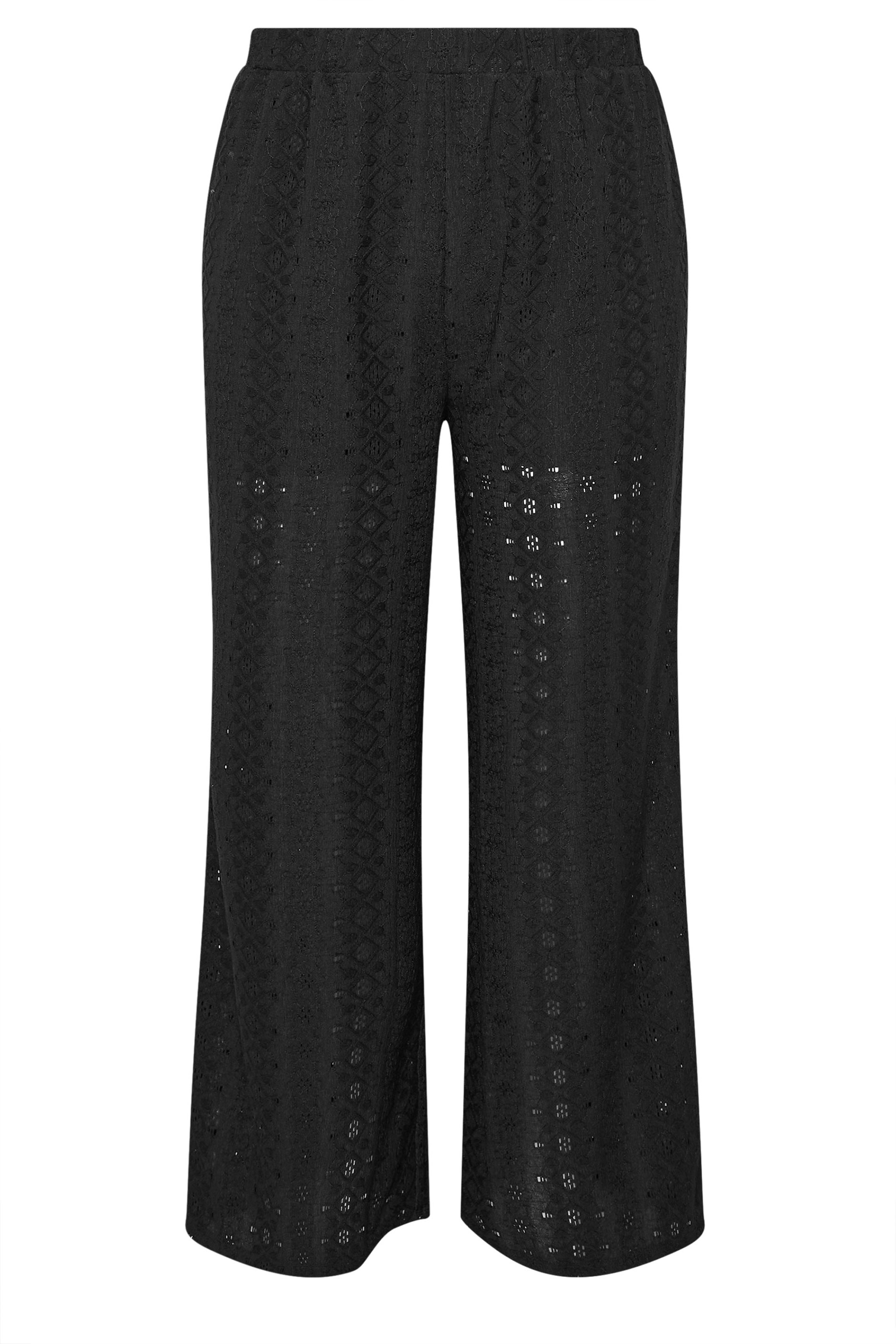 YOURS Plus Size Black Broderie Anglaise Wide Leg Trousers | Yours Clothing 5