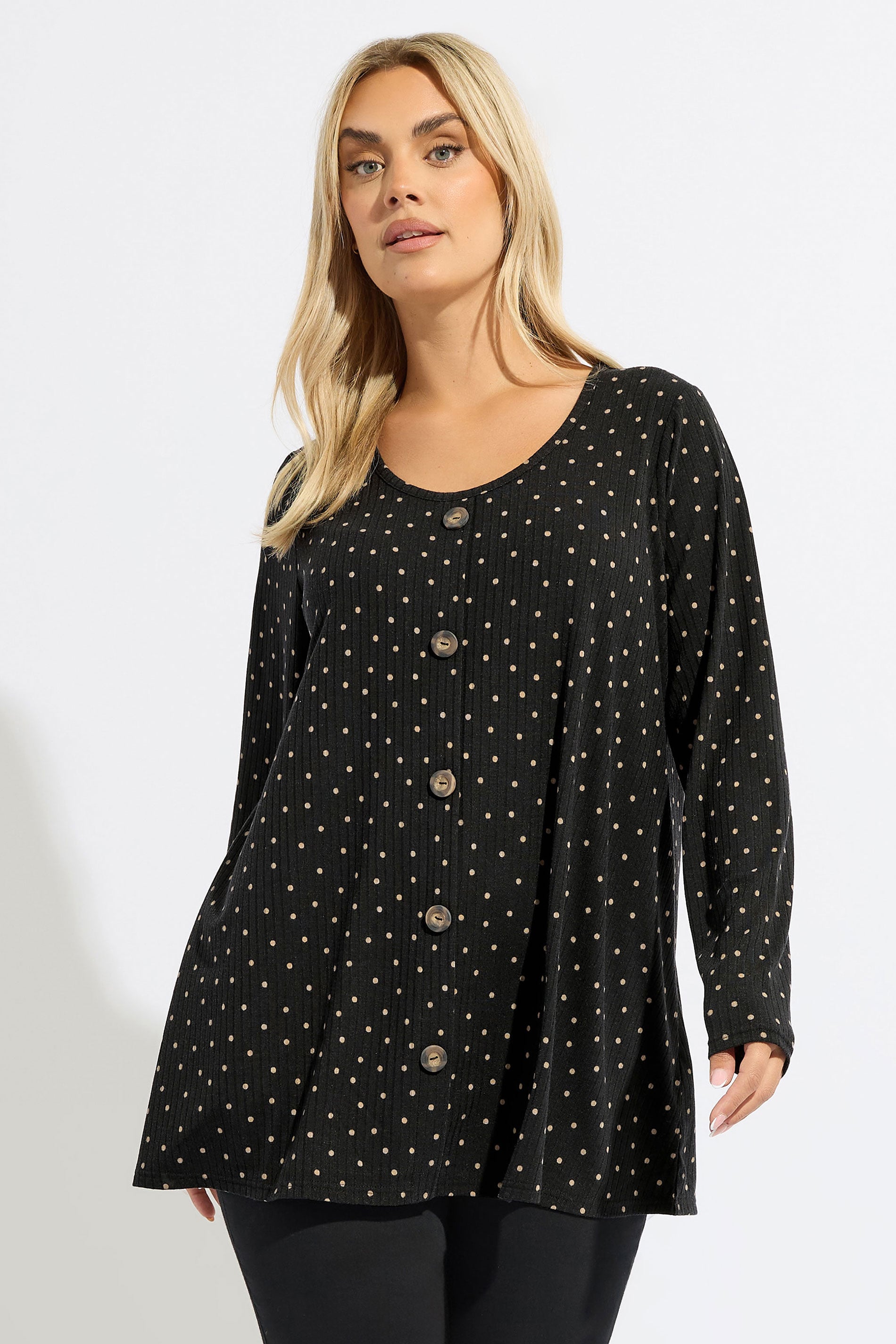 YOURS Plus Size Black Polka Dot Ribbed Button Top | Yours Clothing 3