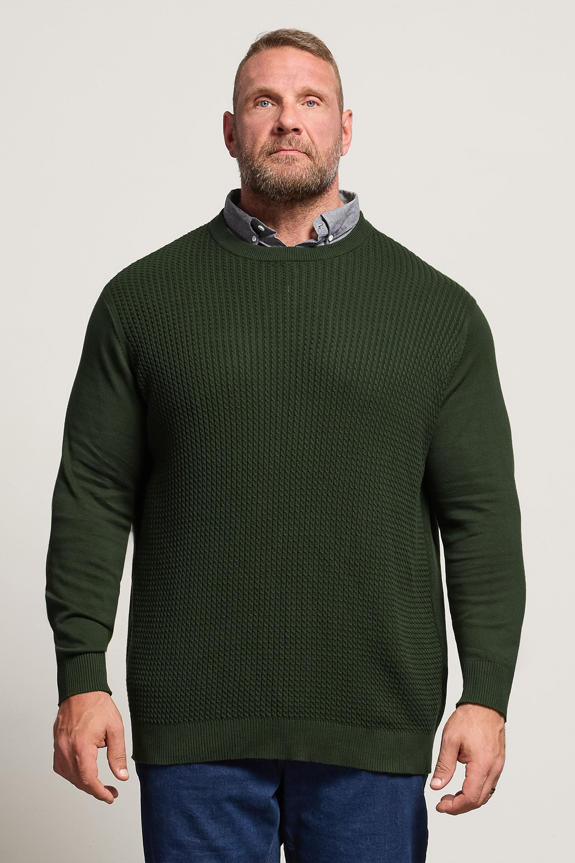 BadRhino Big & Tall Dark Green Cable Knit Mock Shirt Jumper | BadRhino 1