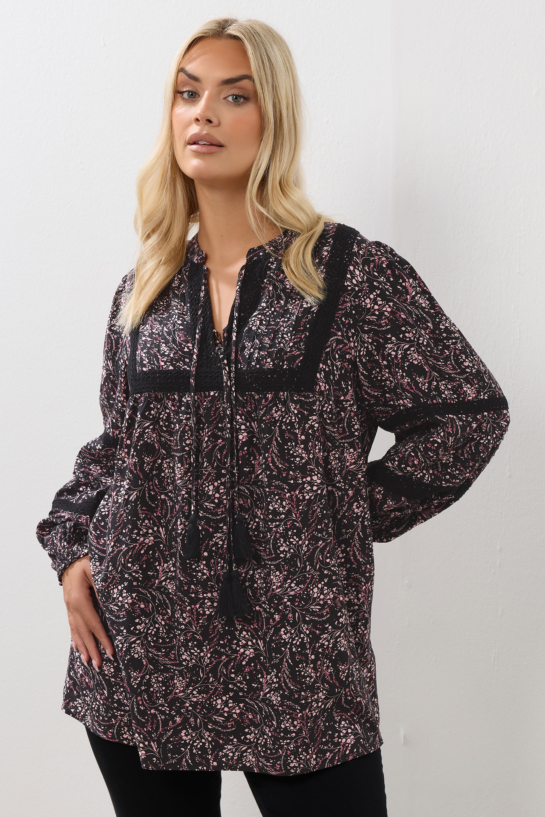 YOURS Plus Size Pink Floral Crochet Trim Blouse | Yours Clothing 2