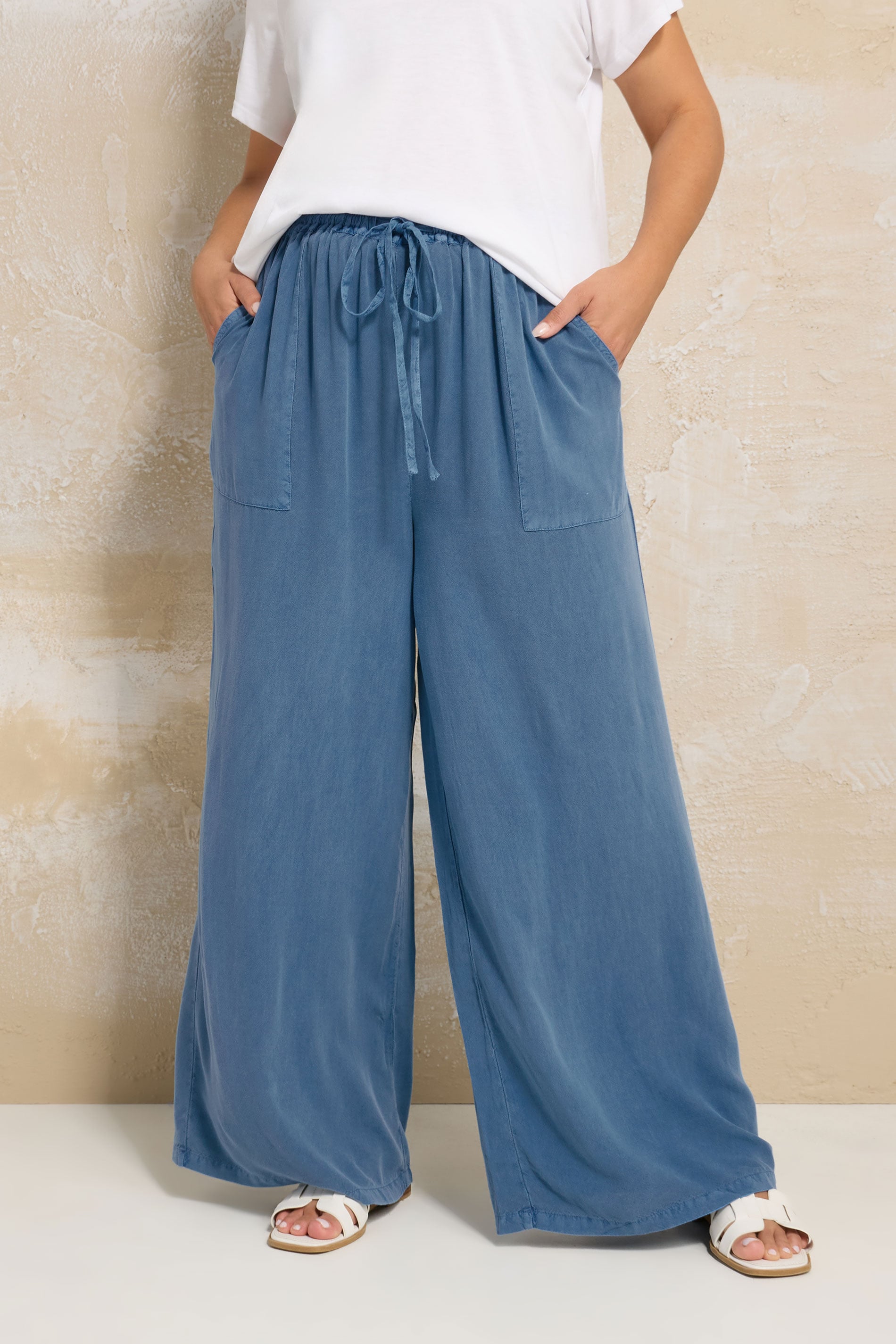 YOURS Plus Size Blue Chambray Tie Front Wide Leg Trousers | Yours Clothing 3