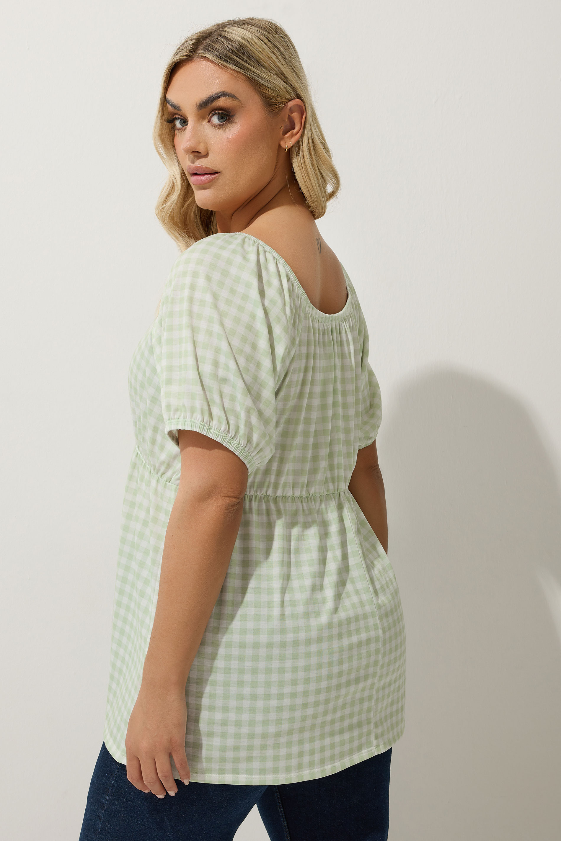  LIMITED COLLECTION Plus Size Sage Green Gingham Tie Neck Peplum Top | Yours Clothing 4