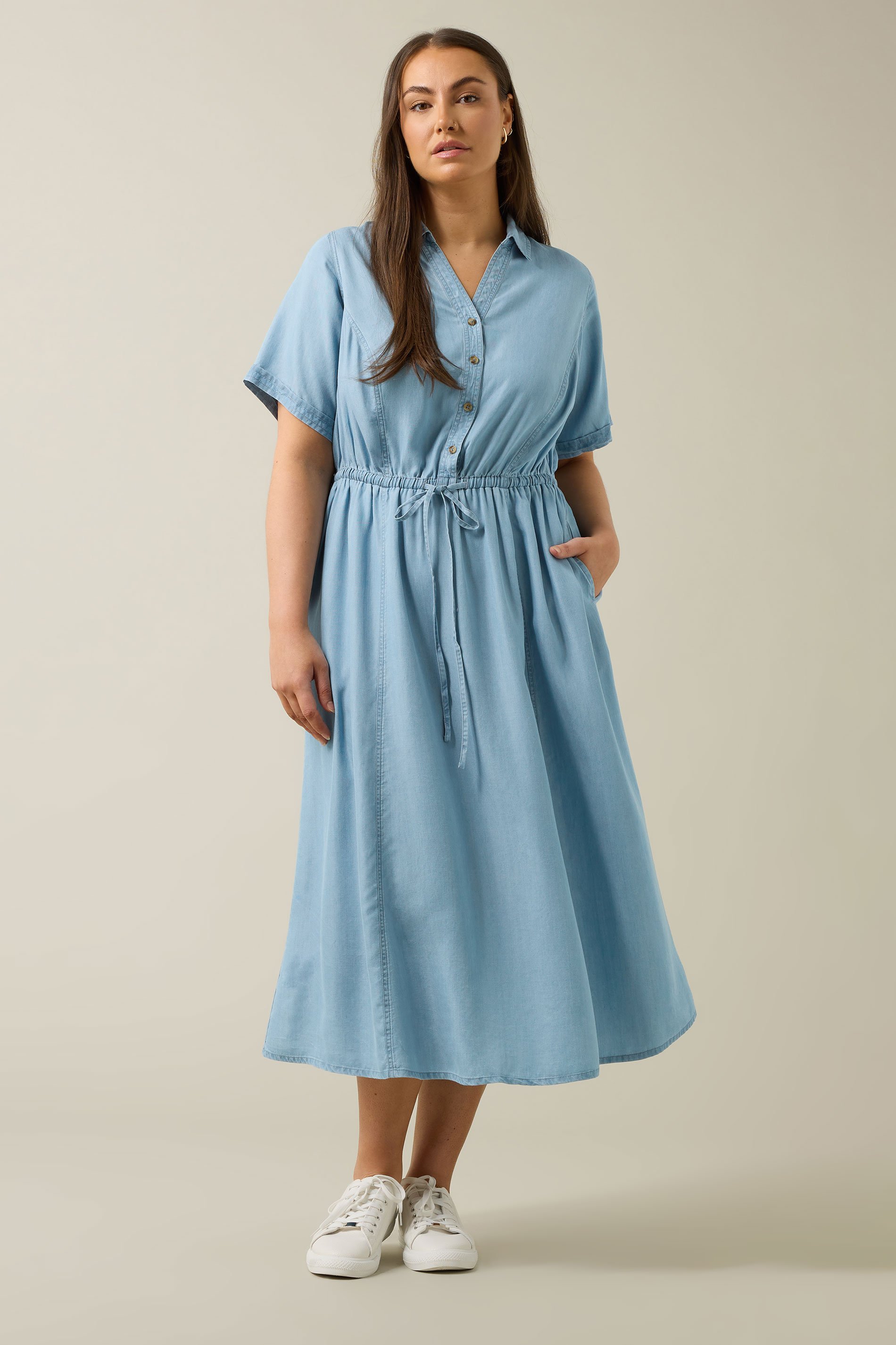 EVANS Plus Size Light Blue Lyocell Denim Shirt Dress | Evans 2