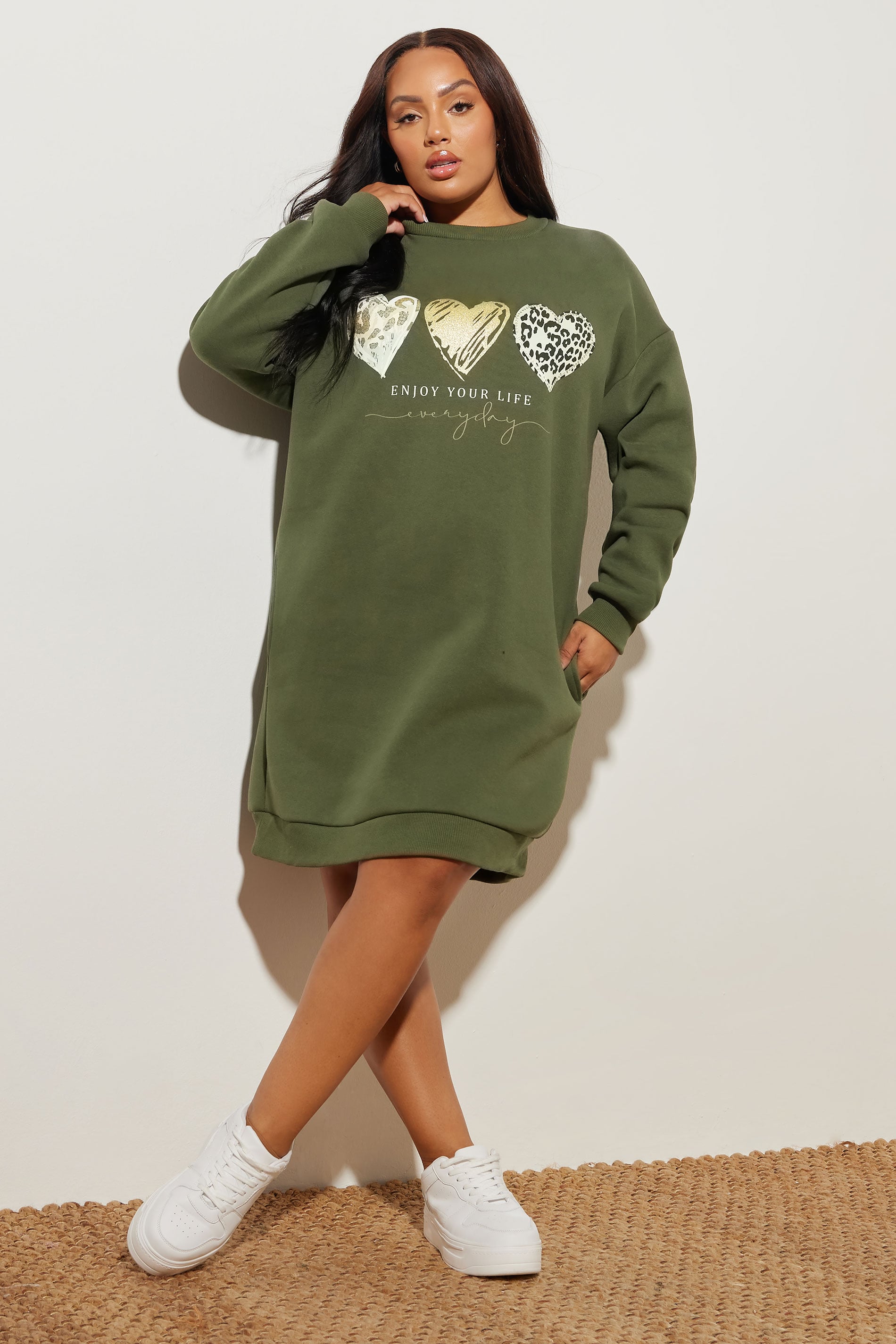 YOURS Plus Size Khaki Green 'Enjoy Your Life' Sweatshirt Dress | Yours Clothing 1