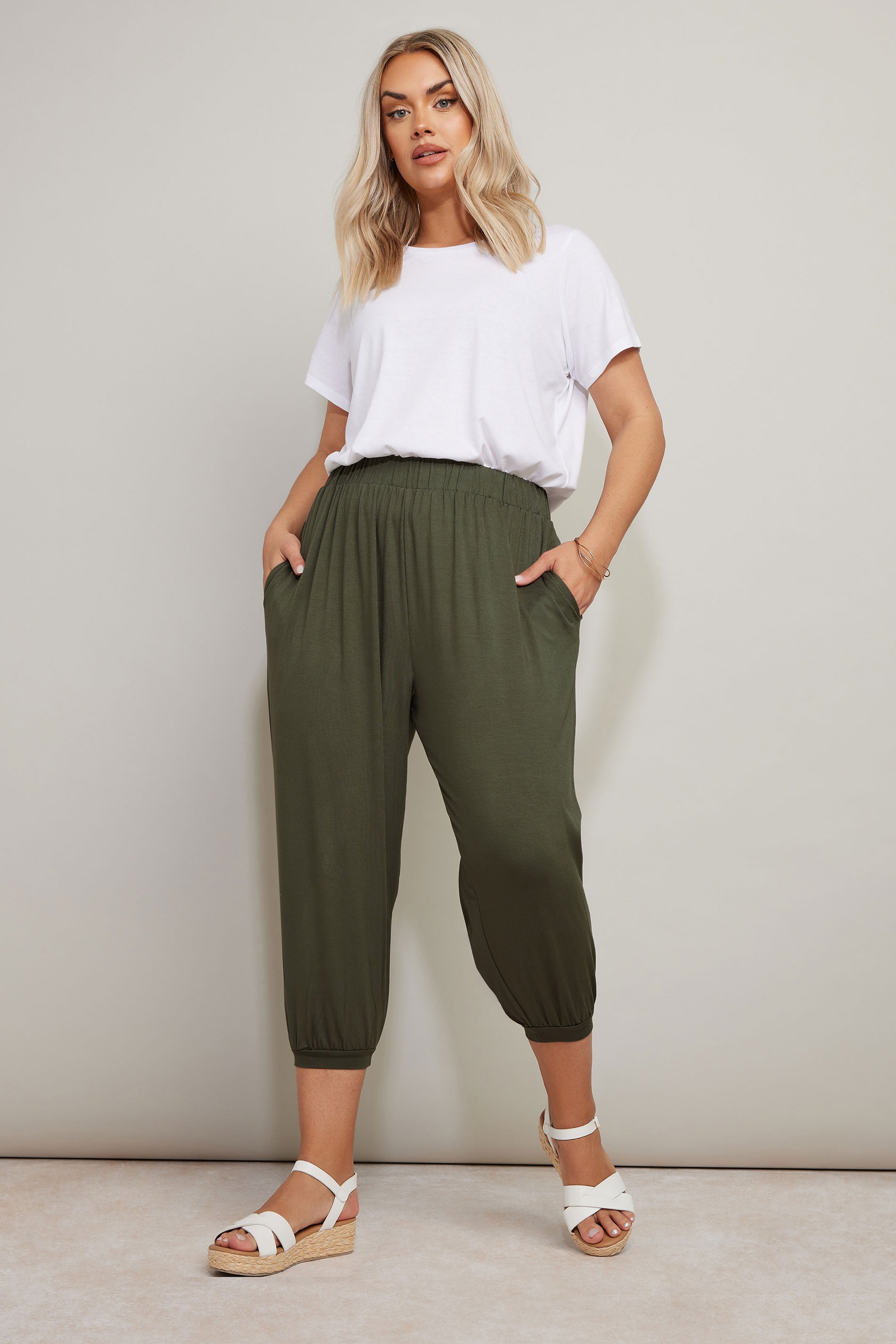 YOURS Plus Size Khaki Green Jersey Cropped Harem Trousers | Yours Clothing 1