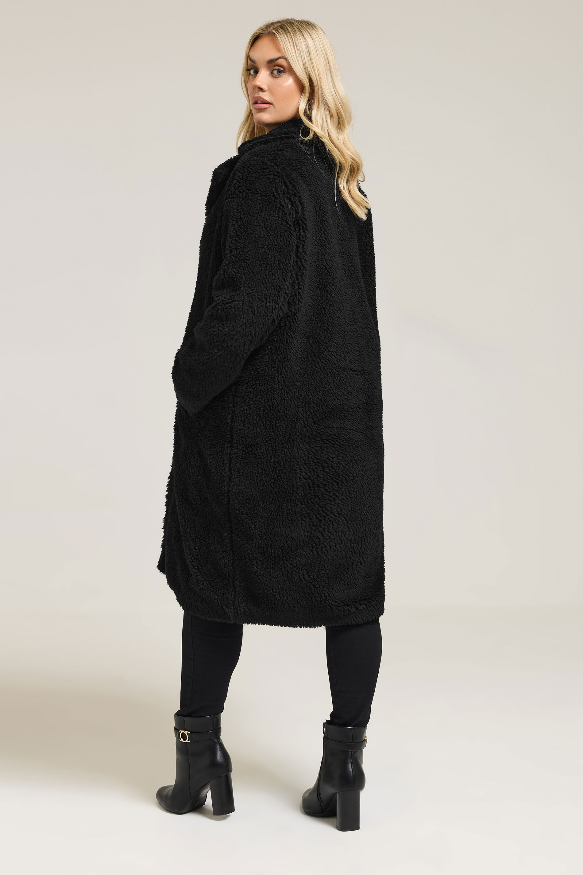 YOURS Plus Size Black Teddy Borg Midi Coat | Yours Clothing 2