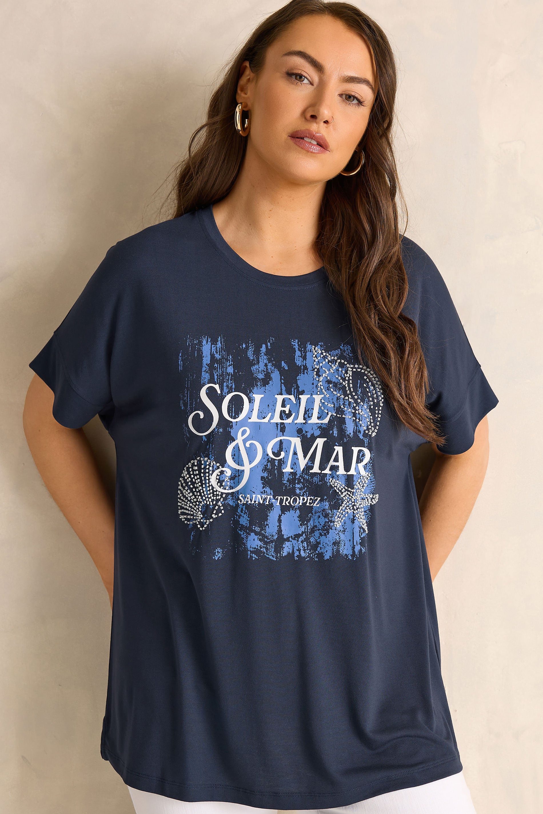 EVANS Plus Size Navy Blue 'Soleil & Mar' Slogan Print T-Shirt | Evans 1