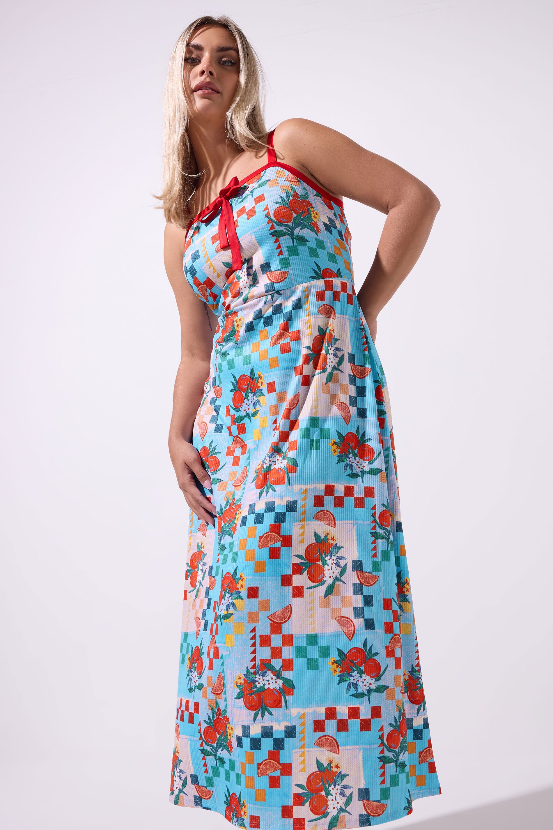 LIMITED COLLECTION Plus Size Blue Fruit Check Print Maxi Dress | Yours Clothing 3