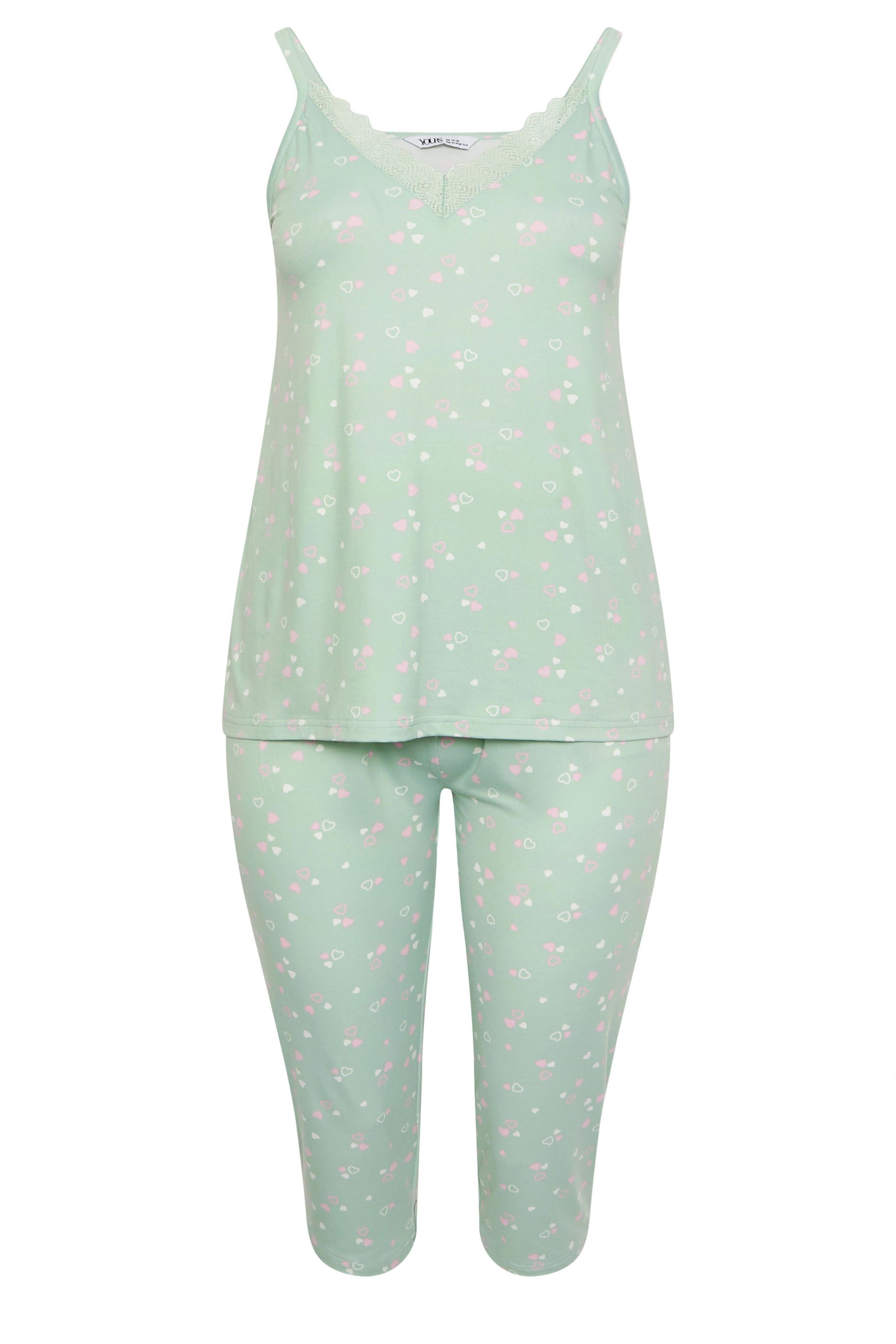 YOURS Plus Size Sage Green Heart Print Cropped Pyjama Set | Yours Clothing 5