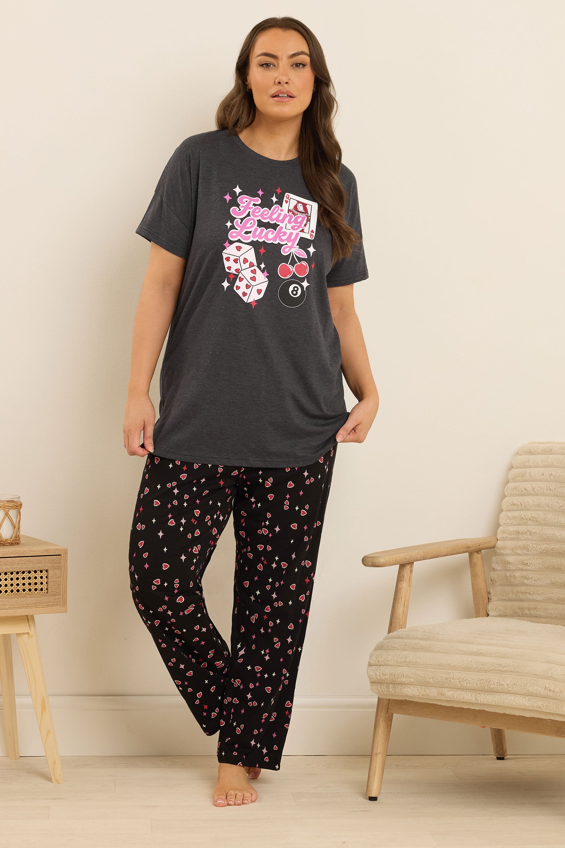 YOURS Plus Size Grey 'Feeling Lucky' Slogan Wide Leg Pyjama Set | Yours Clothing 3