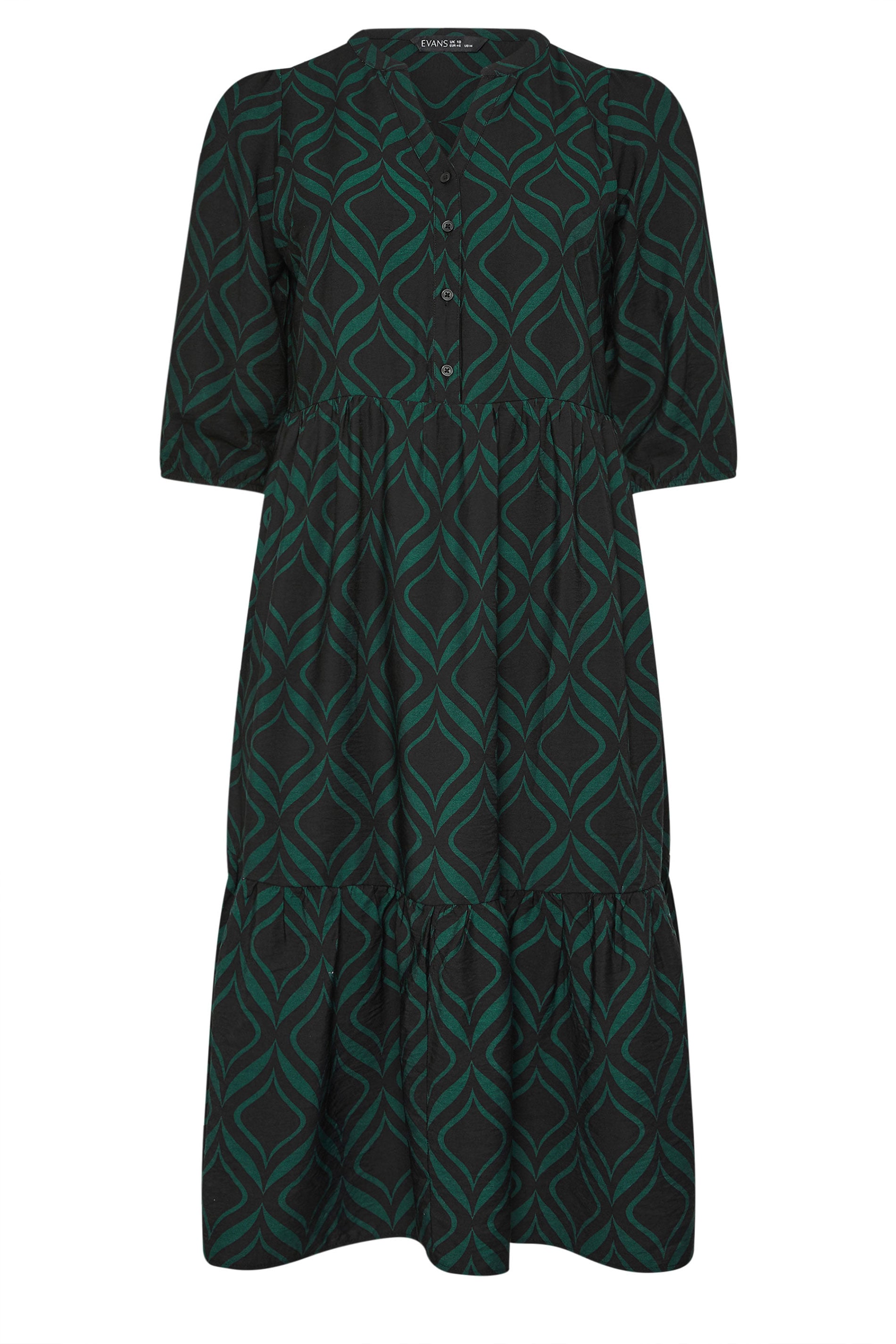 EVANS Plus Size Black Geometric Print Half Placket Dress | Evans 5