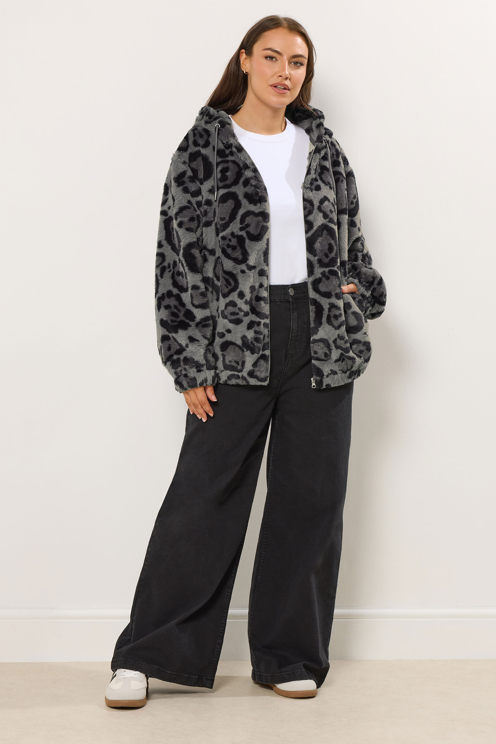YOURS Plus Size Grey Leopard Print Faux Fur Hooded Jacket | Yours Clothing 2