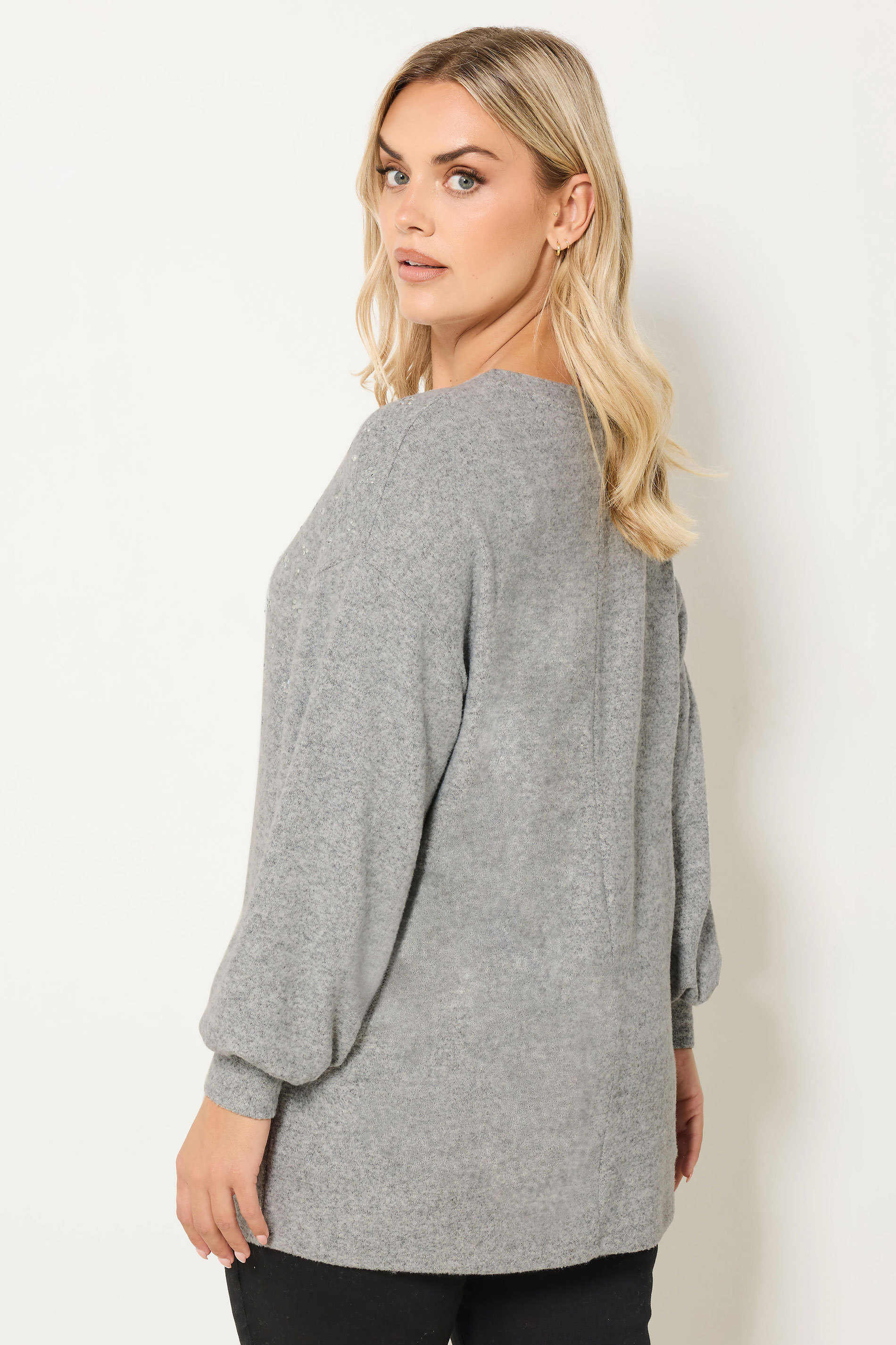 YOURS Plus Size Light Grey Diamante Embellished Jumper | Yours Clothing 2