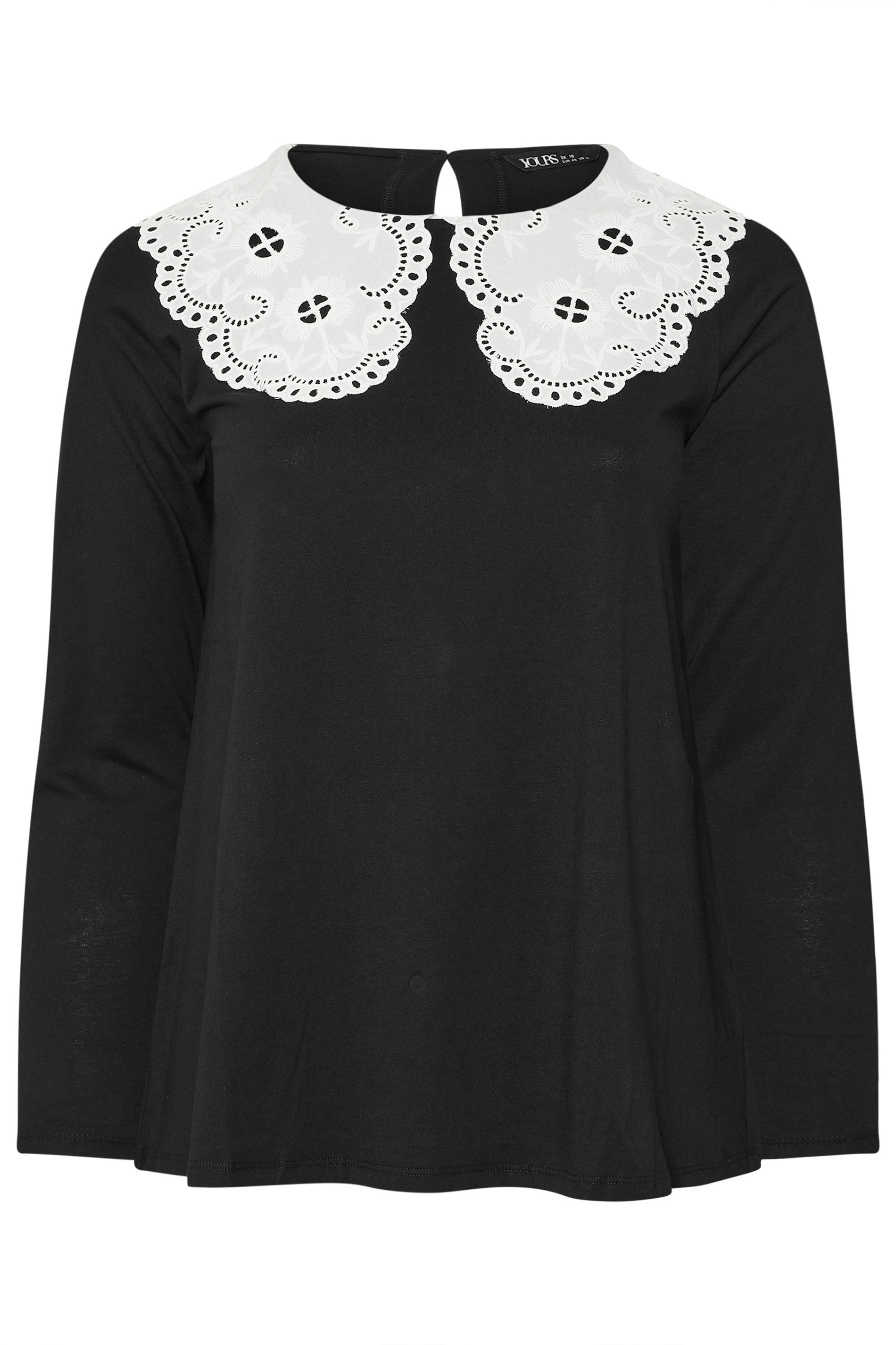 YOURS Plus Size Black Broderie Anglaise Oversized Collar Top | Yours Clothing 6