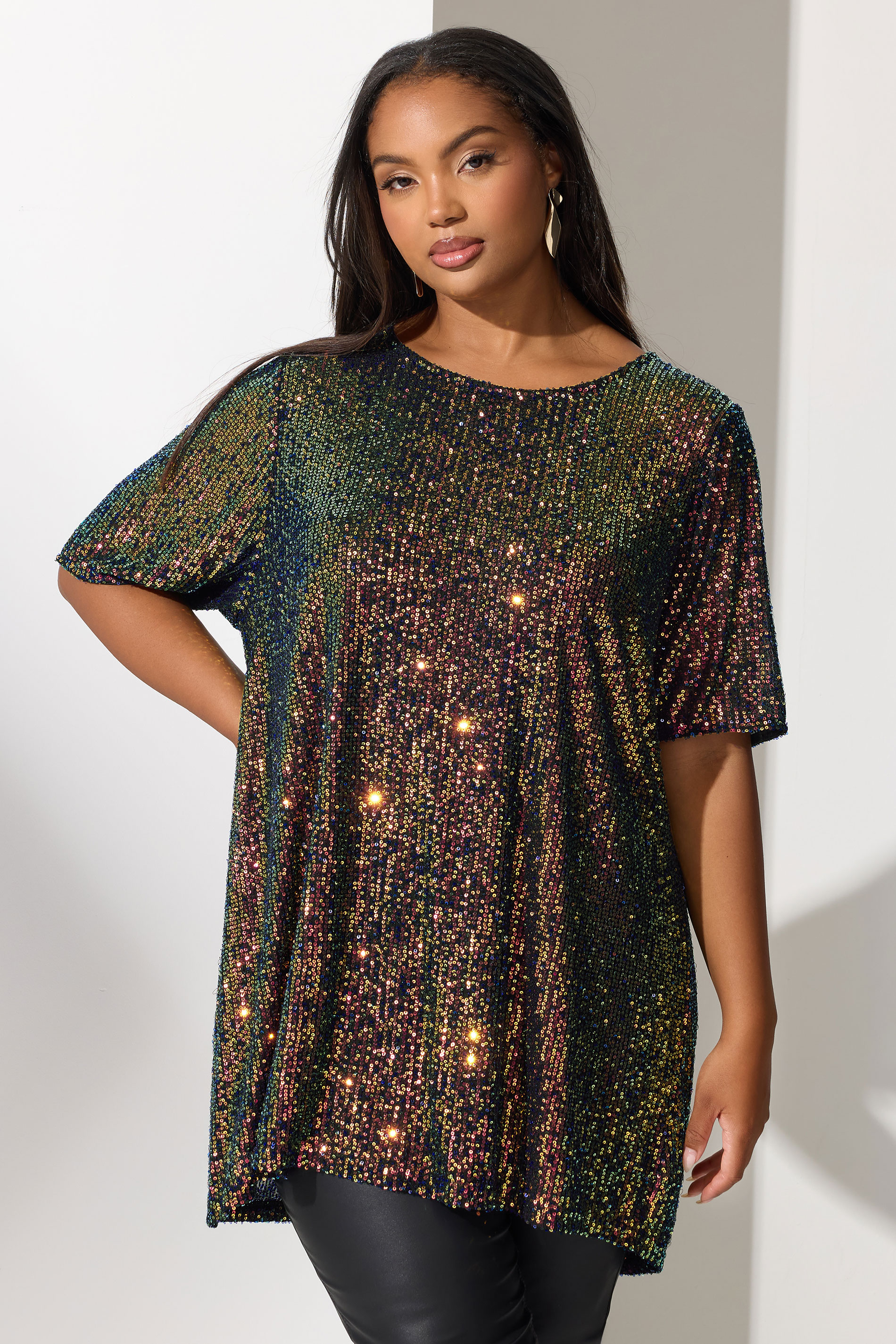 YOURS LONDON Plus Size Black Multicoloured Sequin T-Shirt | Yours Clothing 3