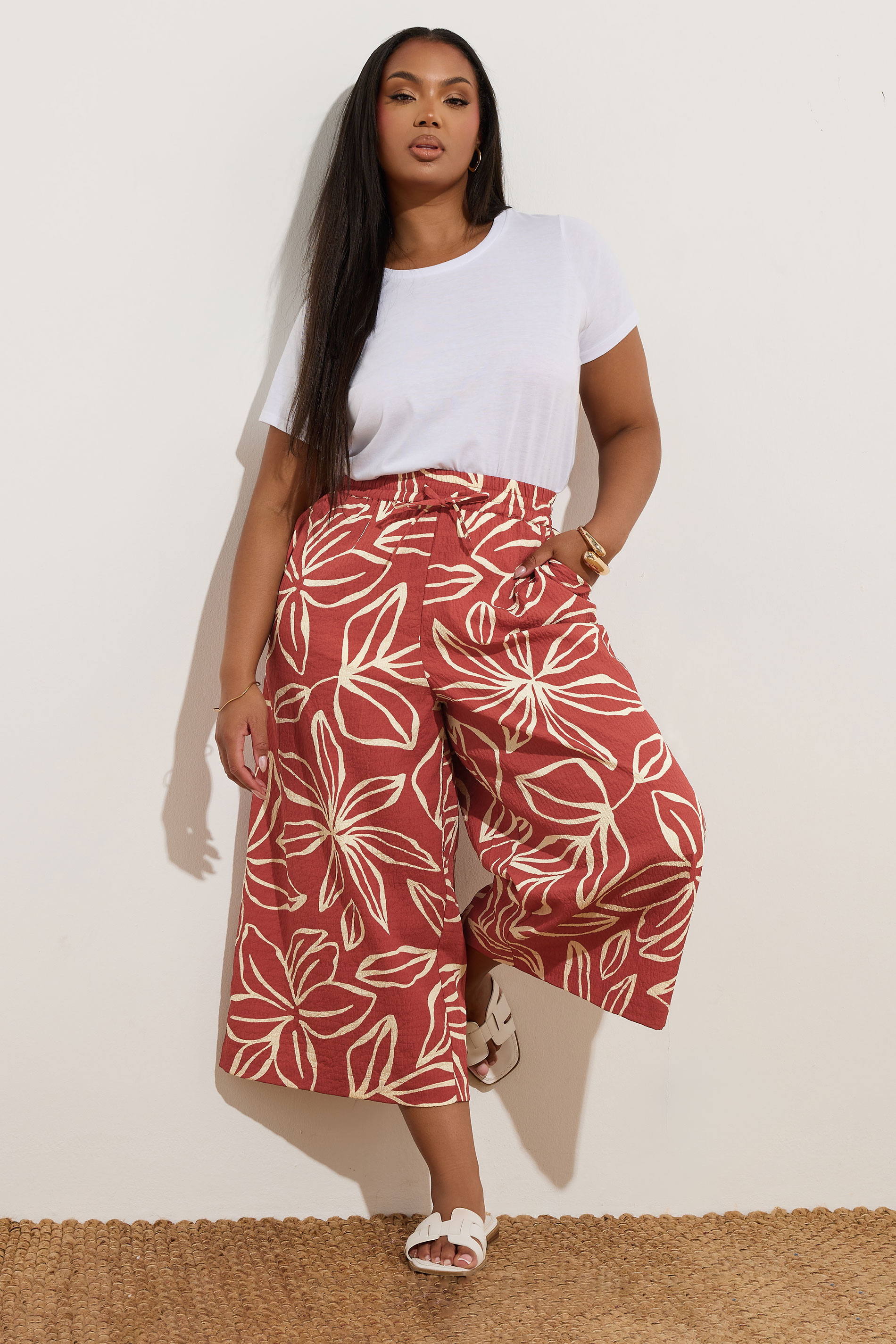 YOURS Plus Size Rust Orange Textured Floral Midaxi Culottes | Yours Clothing 1