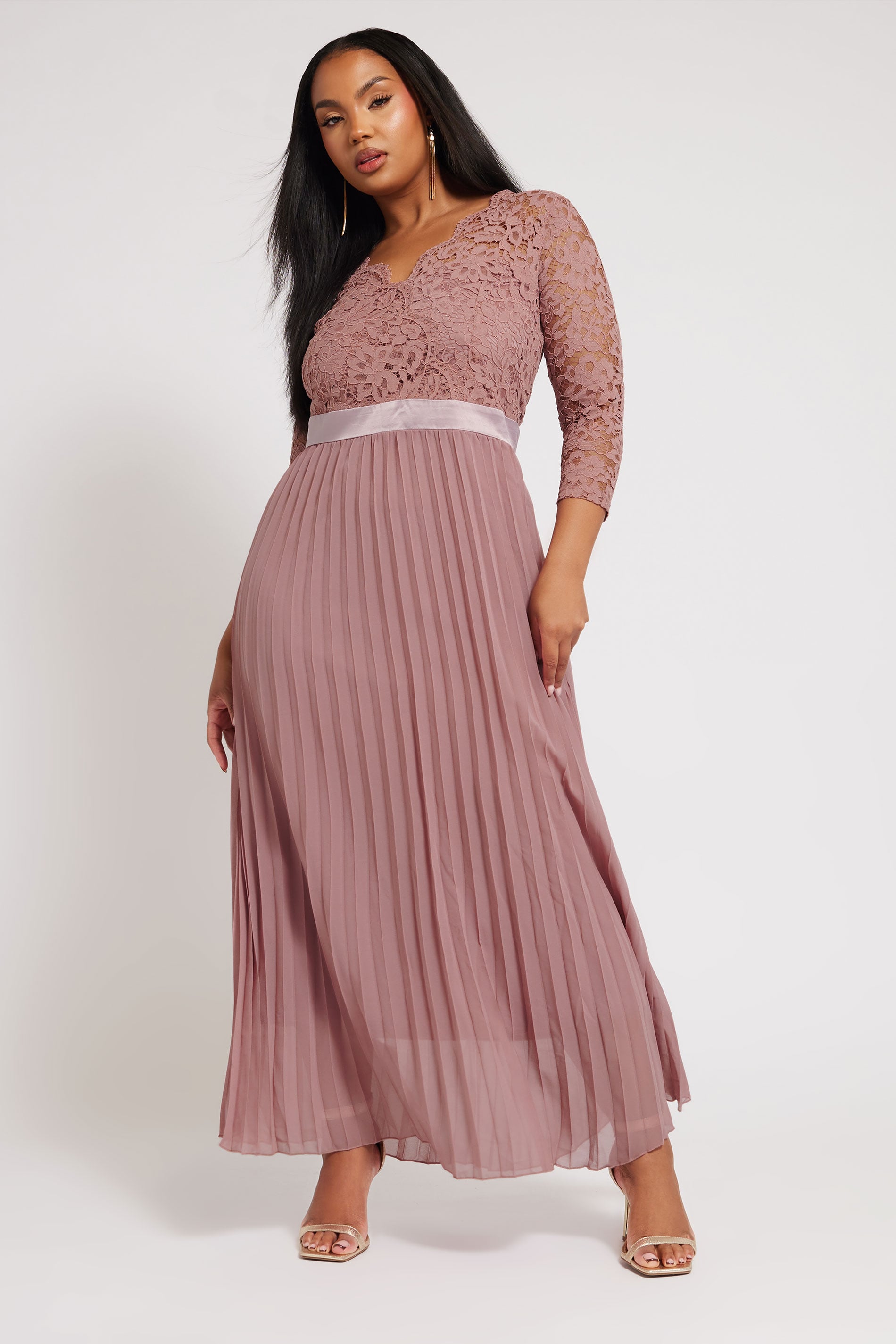 Plus Size YOURS LONDON Curve Blush Pink Lace Pleated Maxi Dress | Yours Clothing  1